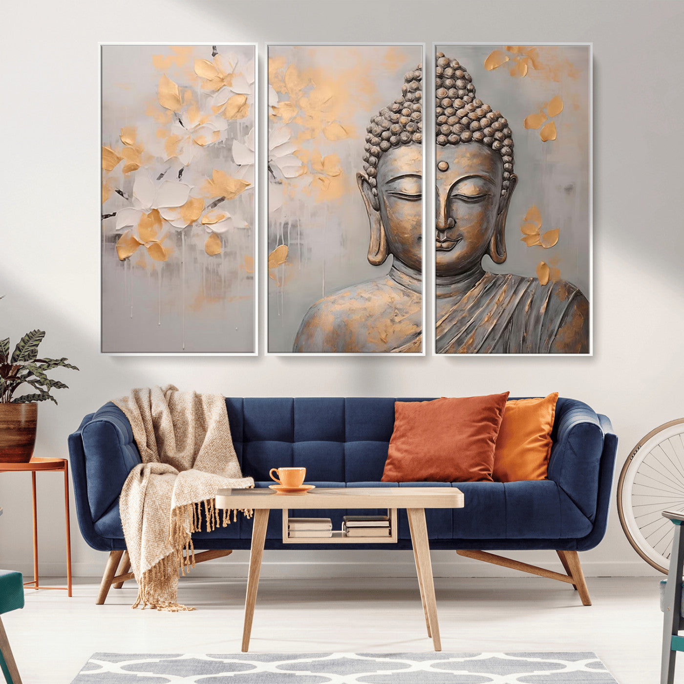 MGV-FC-48X32-3P - Abstract Buddha Statue Wall Art Canvas Print - Modern Meditation Decor for Living Room, Office, Yoga Studio Decor