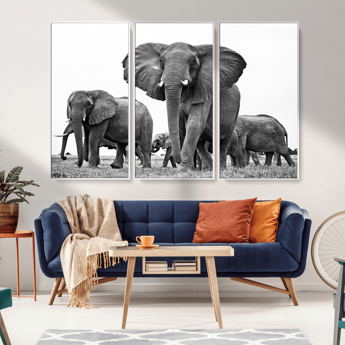 MGV-FC-48X32-3P - Black White Elephant Family Wall Art Canvas Print