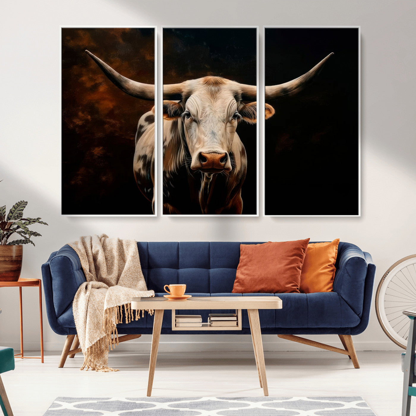 MGV-FC-48X32-3P - Texas Longhorn Wall Art | 3-Panel Large Texas Longhorn Canvas Print for Living Room, Office, or Farmhouse Decor | Framed Giclee Longhorn Wall Art