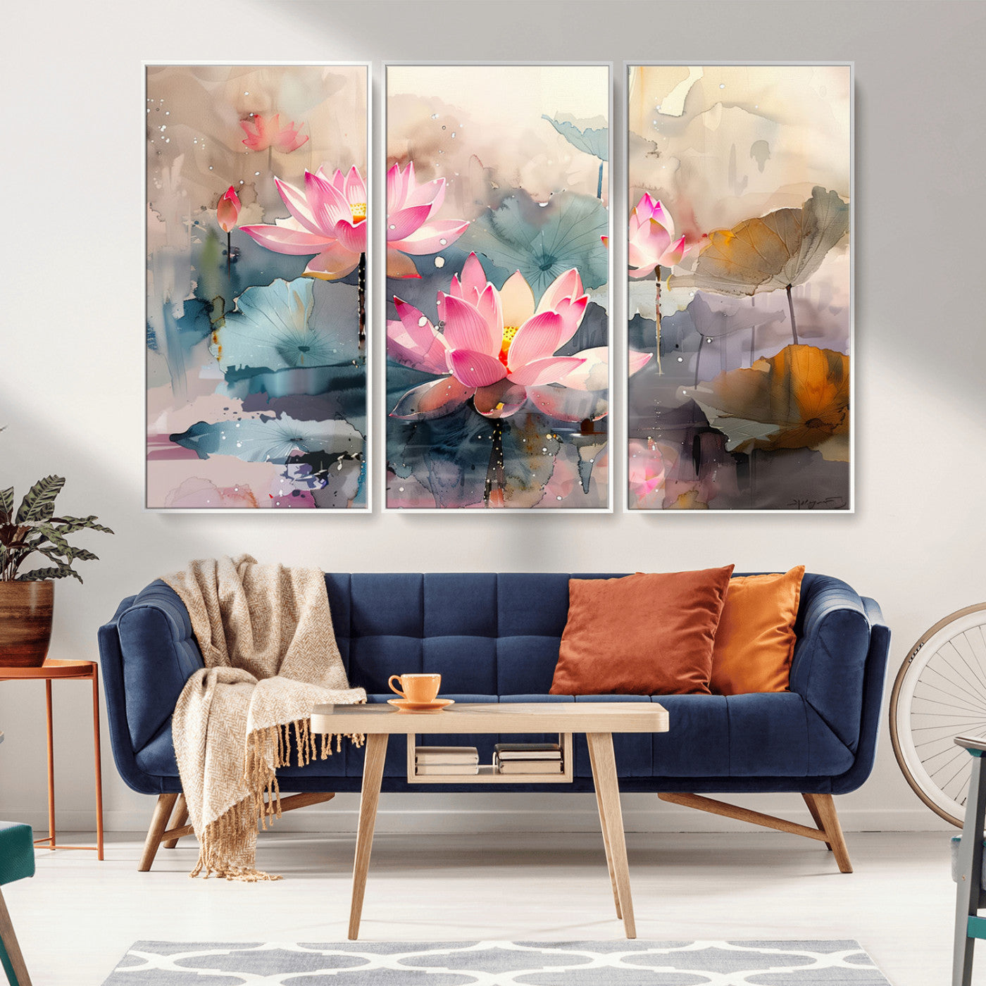 MGV-FC-48X32-3P - Lotus Flower Wall Art | 3-Panel Giclee Canvas Print of Pink Lotus Blossoms for Living Room, Bedroom, Office | Framed Lotus Floral Wall Art Decor Print