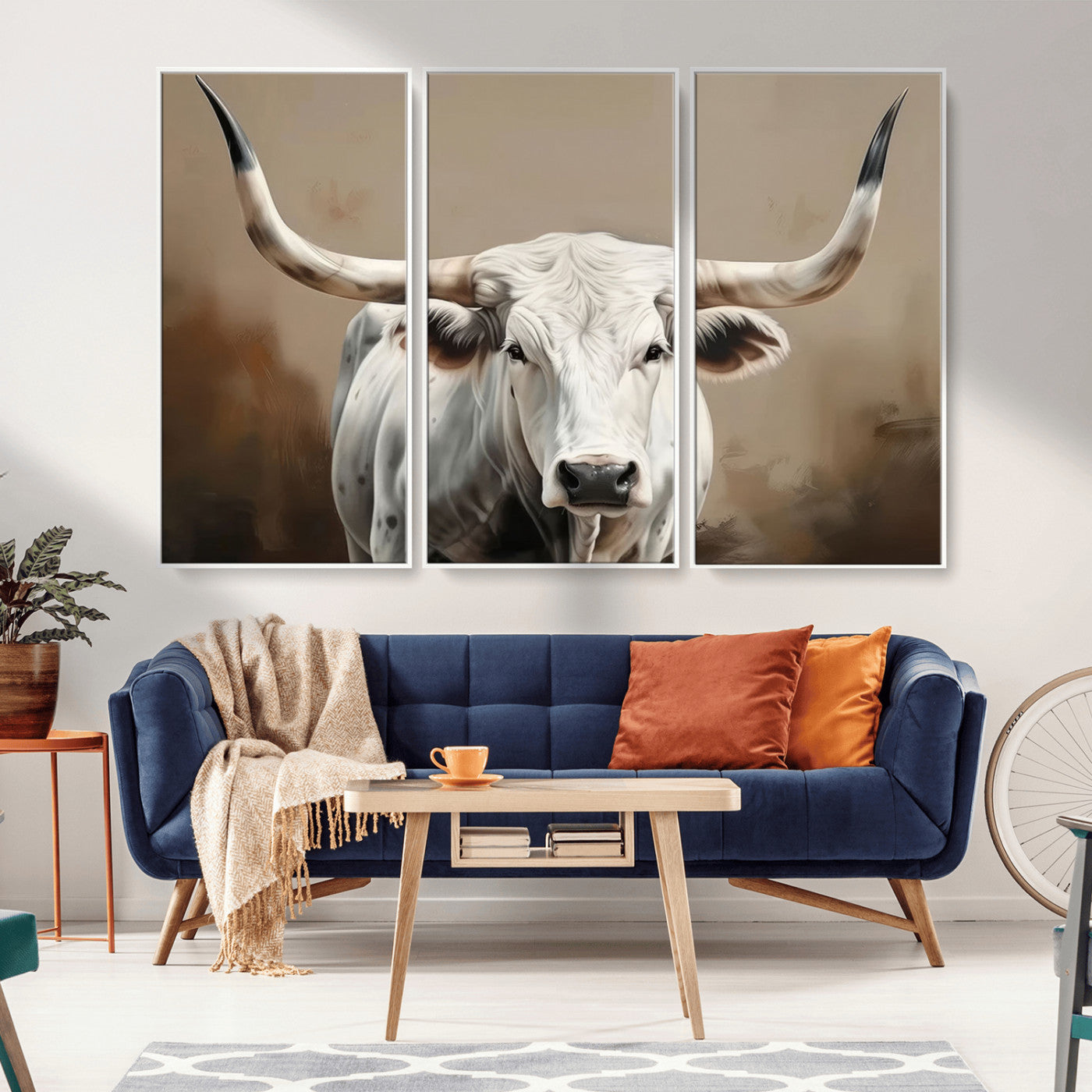 -White Longhorn Bull Wall Art Canvas Print – Framed and Ready to Hang – Perfect for Farmhouse and