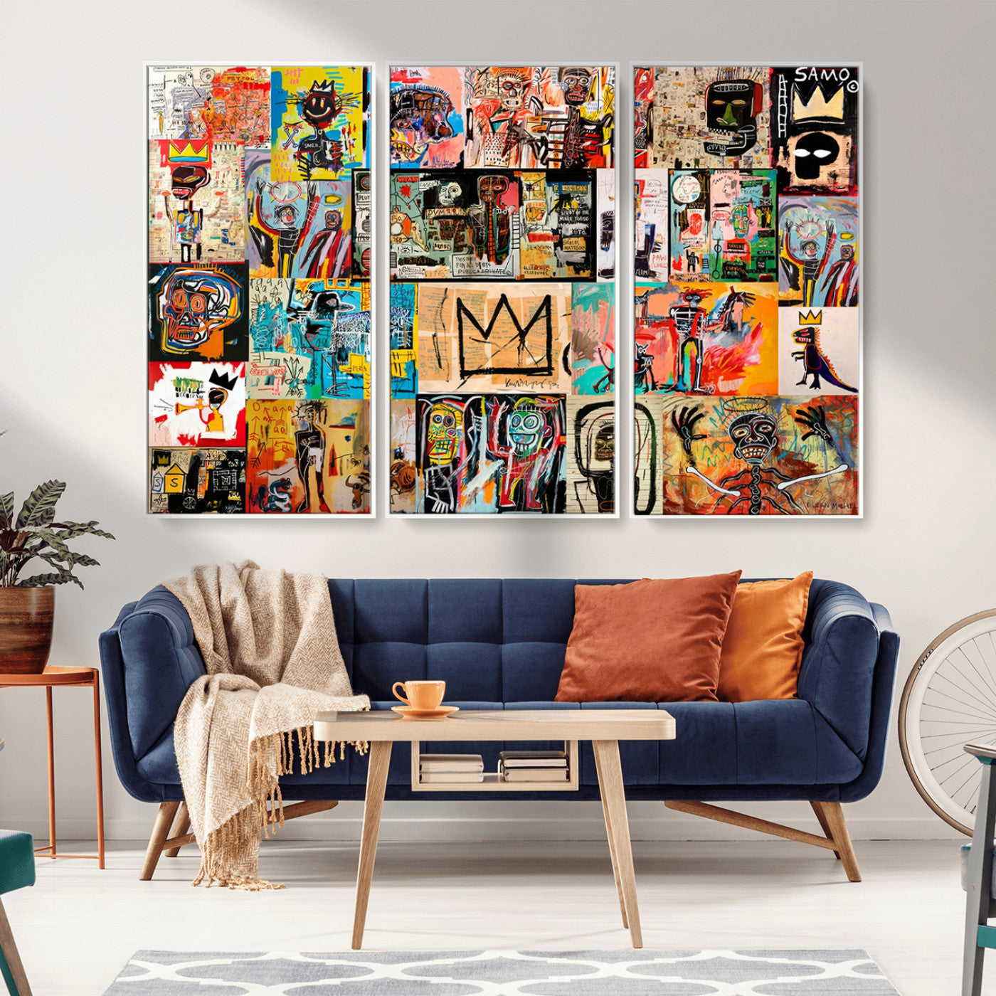 MGV-FC-48X32-3P - Basquiat Art Collage Wall Art Canvas Print – Framed, Ready to Hang, Urban Graffiti Style
