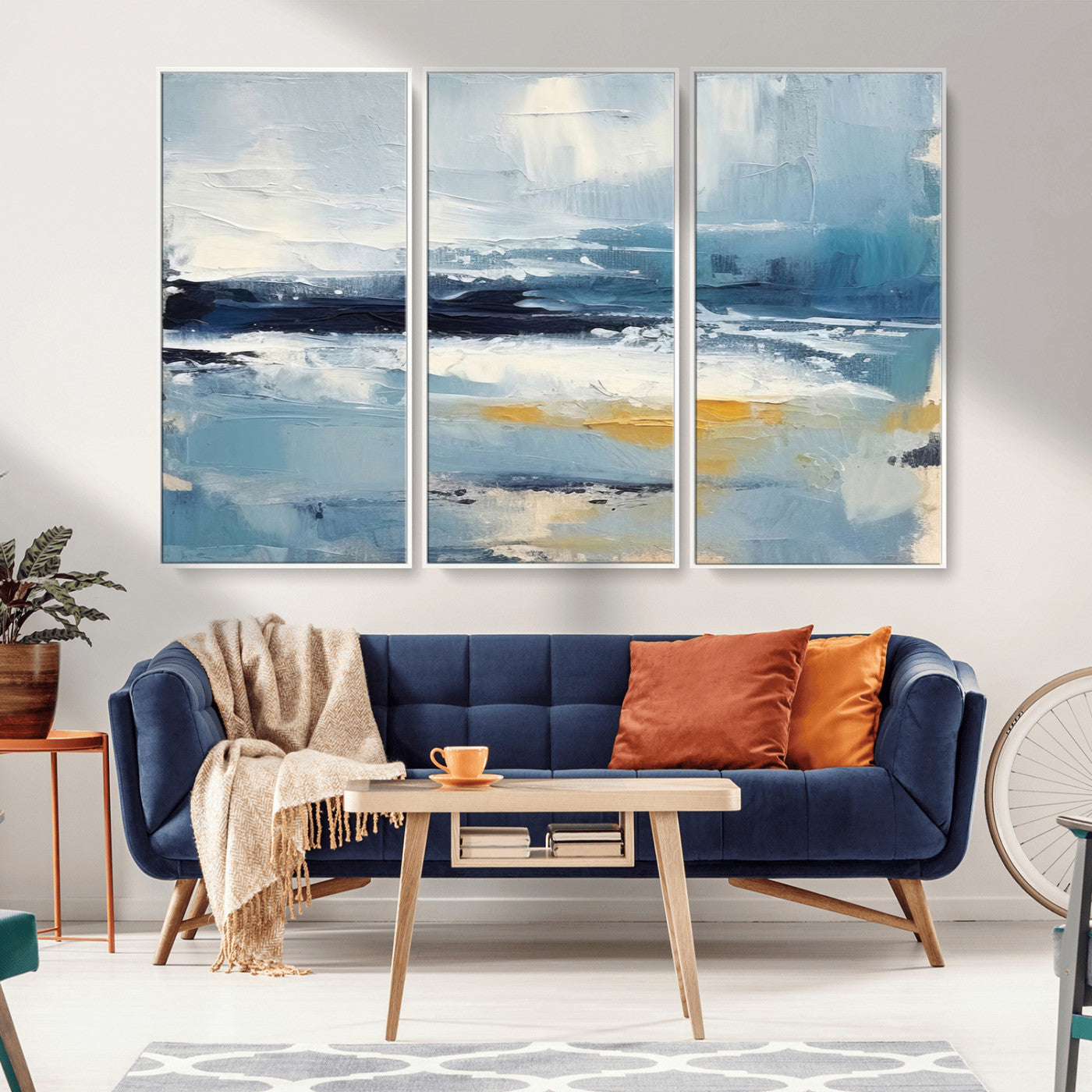 MGV-FC-48X32-3P - Abstract Ocean Canvas Wall Art - Coastal Blue and Gold Textured Painting, Modern Seascape Decor for Living Room Decor
