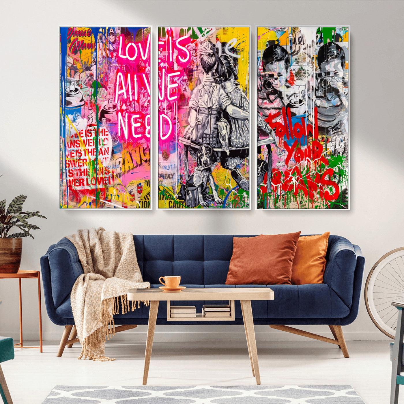 MGV-FC-48X32-3P - Follow Your Dreams & Love is All We Need Graffiti Street Art Triptych | 3-Panel Colorful Urban Wall Art for Living Room, Office, Loft Graffiti Wall Art Print