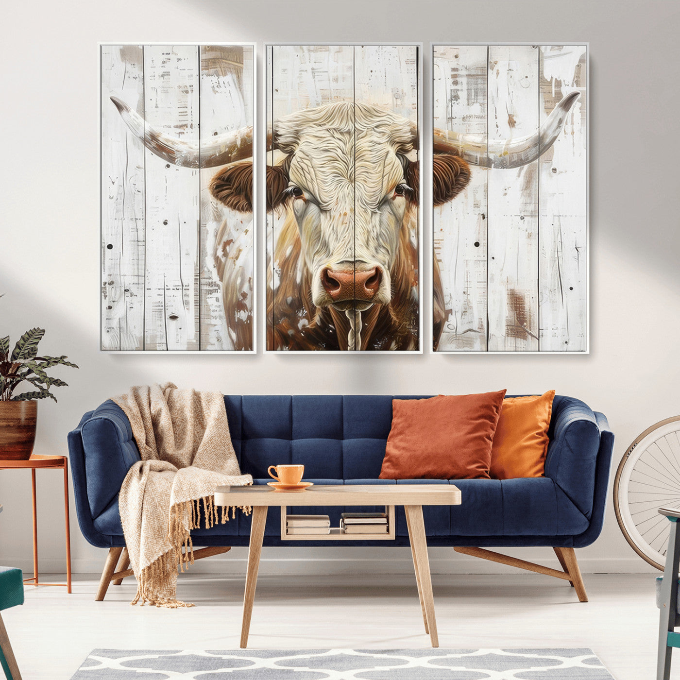 71551-MGV-FC-48X32-3P_White-Rustic Longhorn Bull Wall Art Canvas Set – Western-Inspired Farmhouse Décor - Ready to Hang