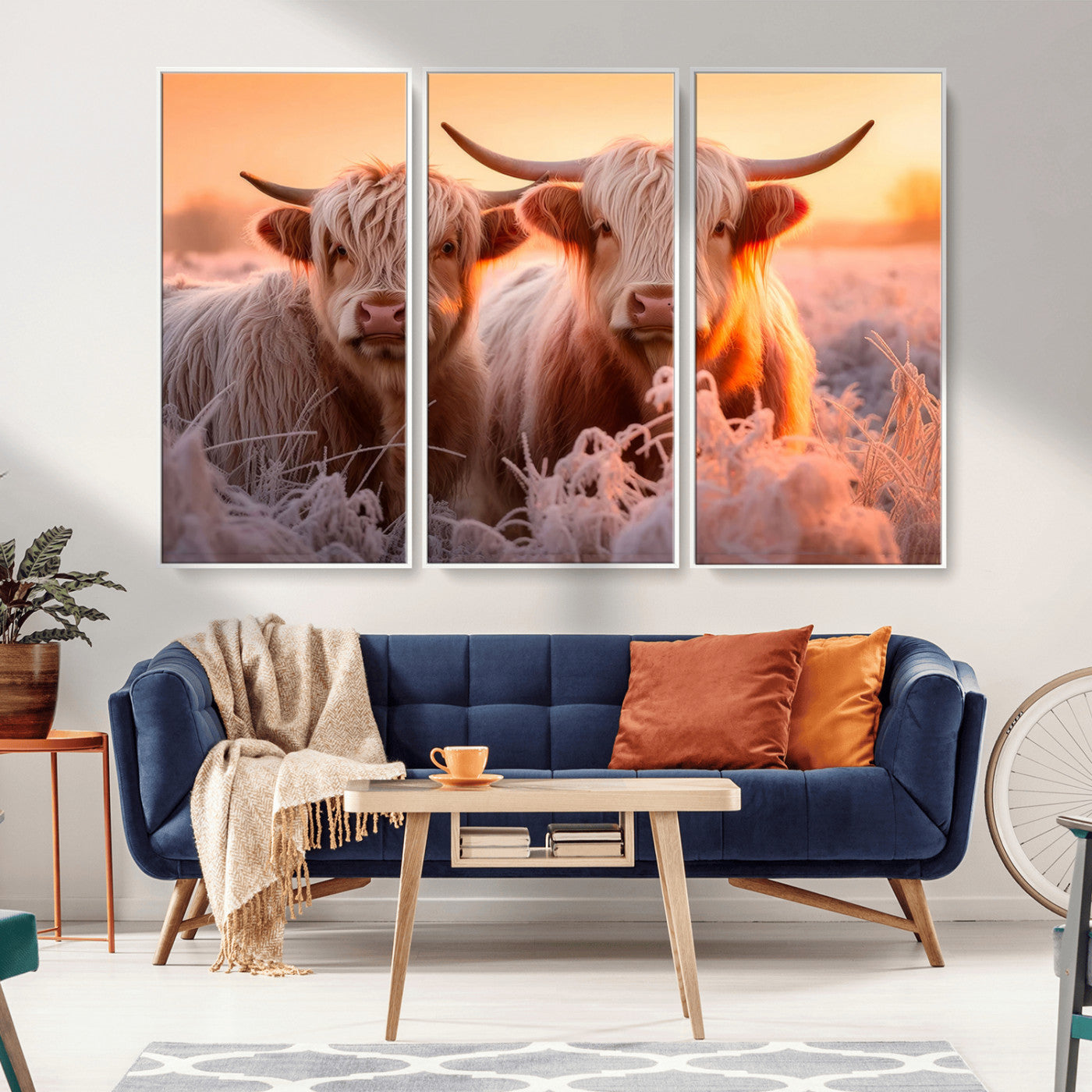 -Highland Cows at Sunrise Wall Art Canvas Set – Serene and Rustic Farmhouse Decor