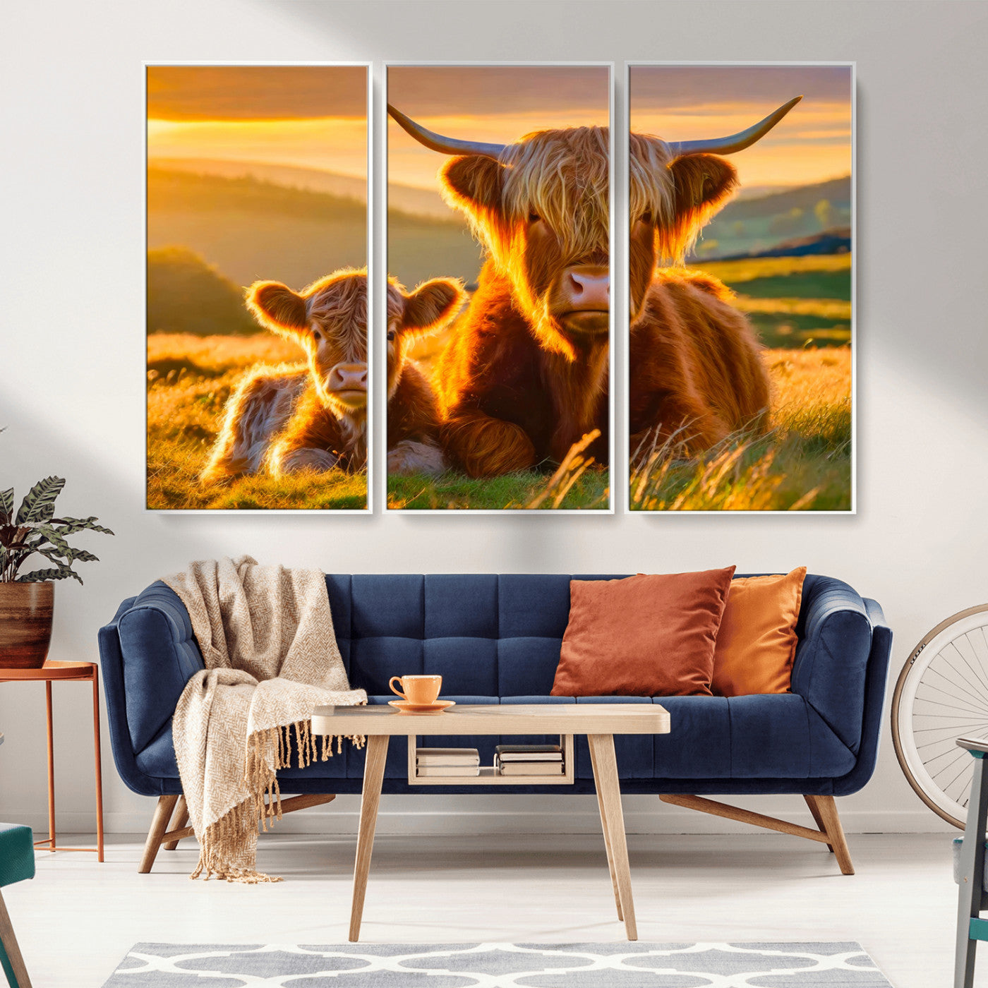-Scottish Cow and Baby Cow Canvas Wall Art Animal Print Fluffy Cattle Framed Farmhouse Decor
