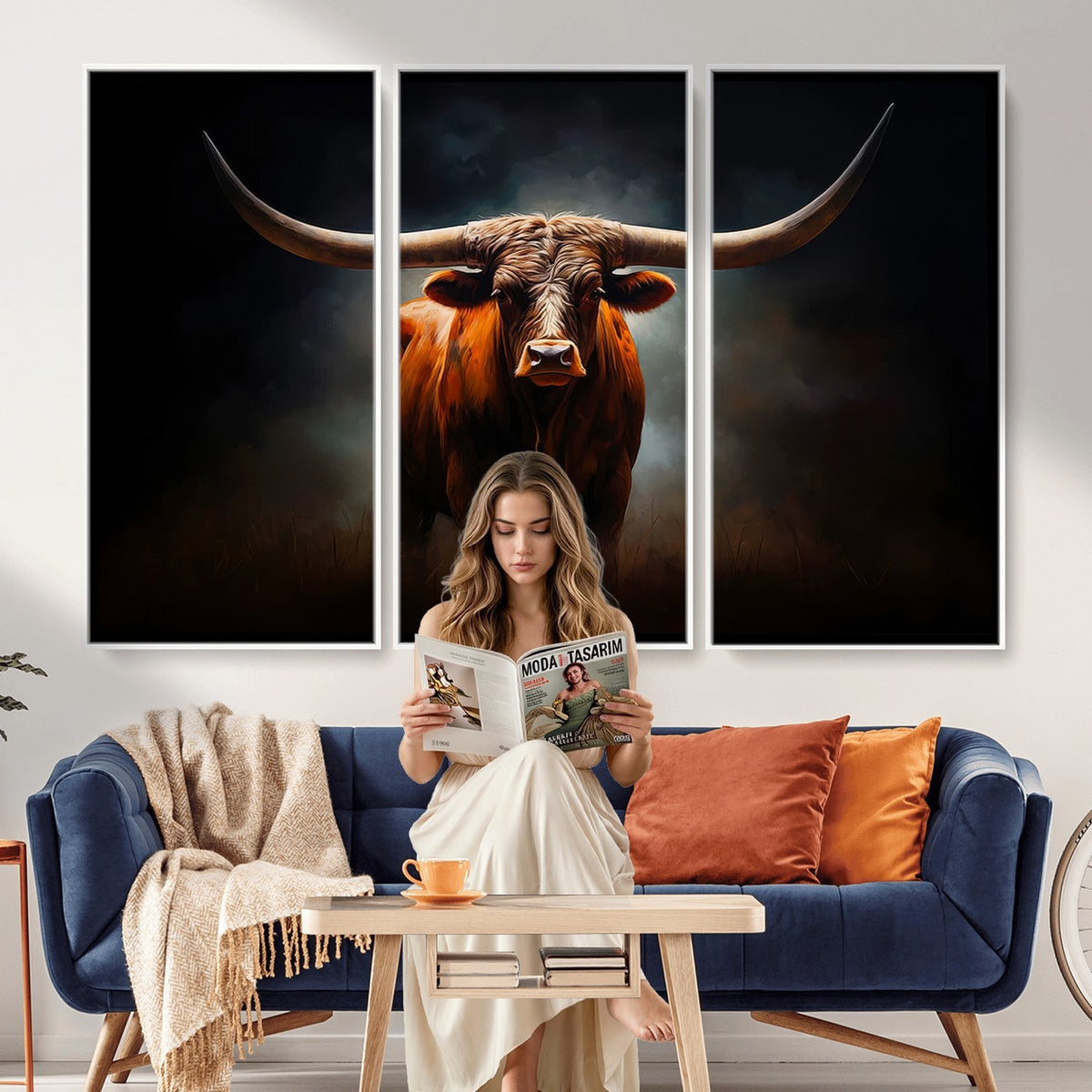 48896-MGV-CV-24X16 - Abstract Texas Longhorn Wall Art Print | 3-Panel Large Texas Longhorn Canvas