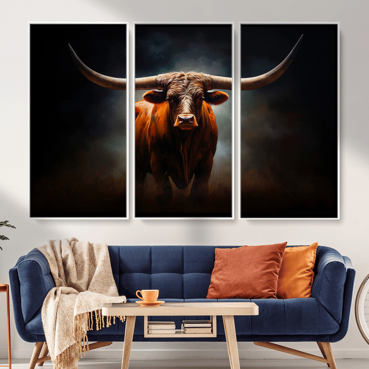 48896-MGV-CV-36X24 - Abstract Texas Longhorn Wall Art Print | 3-Panel Large Texas Longhorn Canvas Print for Living Room,