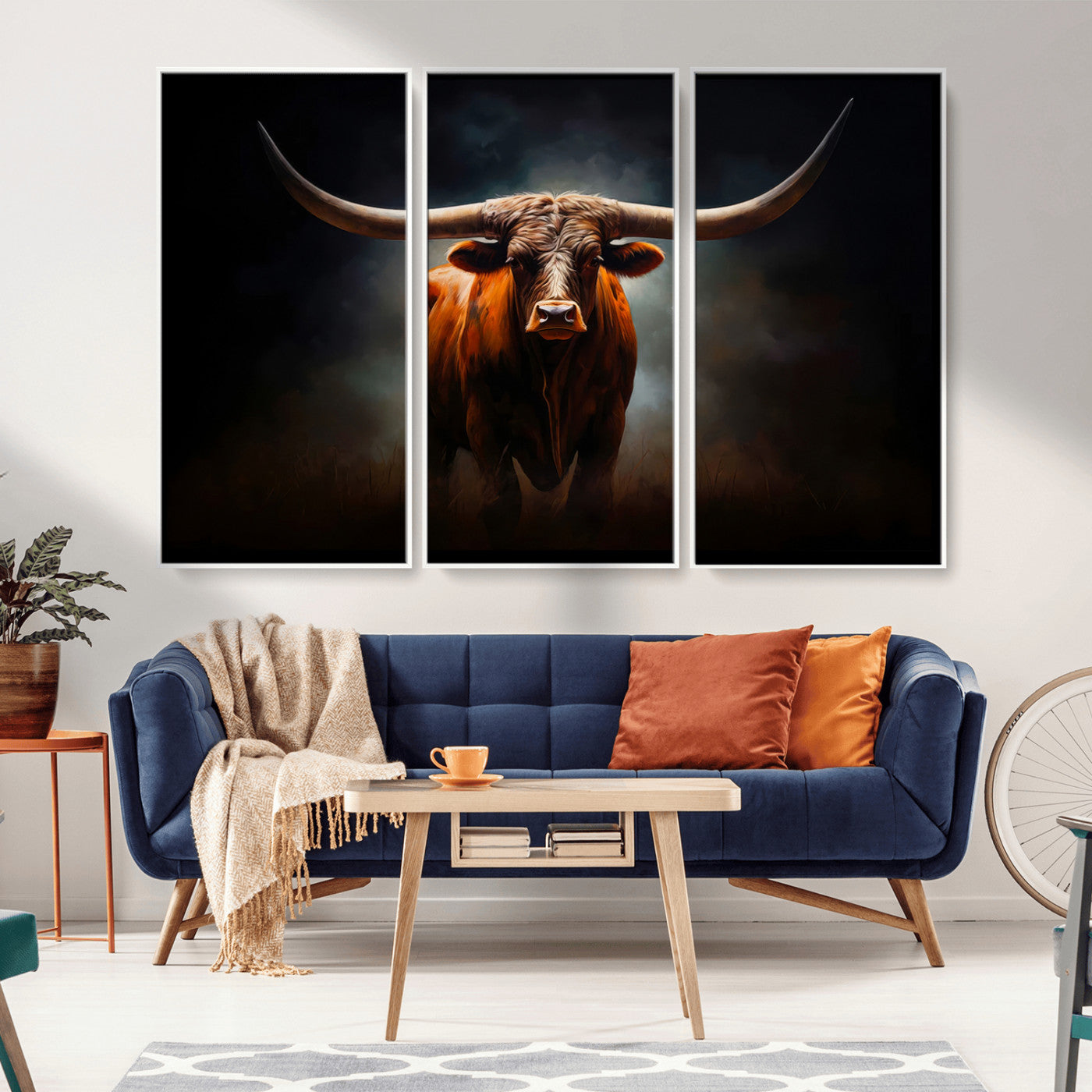 MGV-FC-48X32-3P - Abstract Texas Longhorn Wall Art Print | 3-Panel Large Texas Longhorn Canvas Print for Living Room, Office  Farmhouse Decor | Framed Longhorn Wall Art