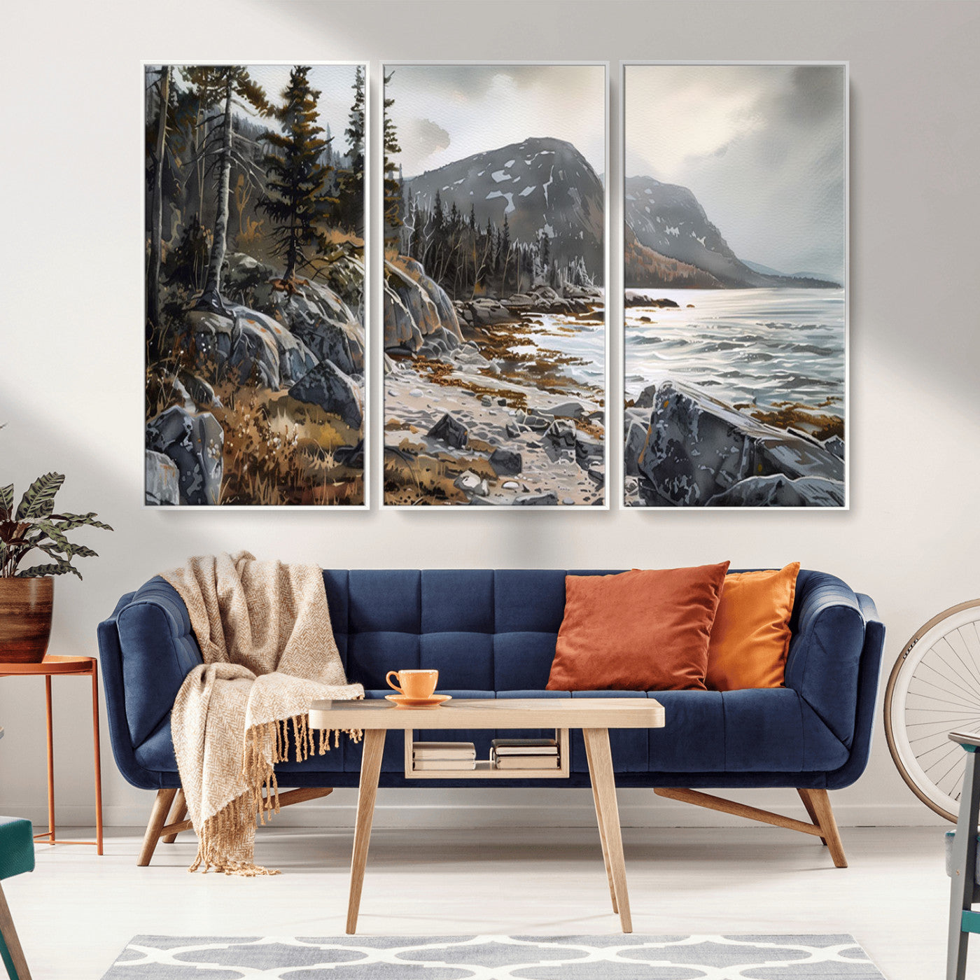 -Serene Coastal View of Acadia National Park - Stunning 3-Panel Wall Art Canvas Print, Framed, Ready
