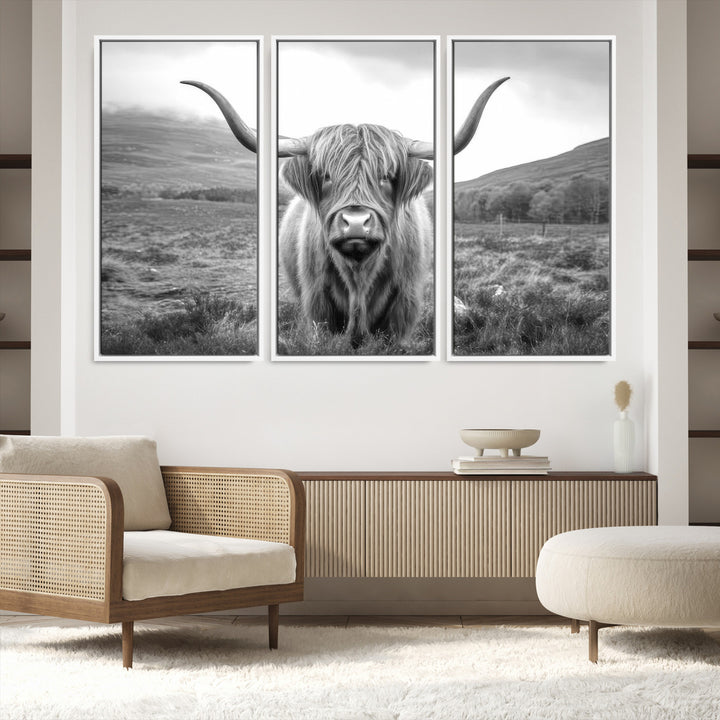 Black White Scottish Highland Cow Canvas Farm Wall Art Canvas Print