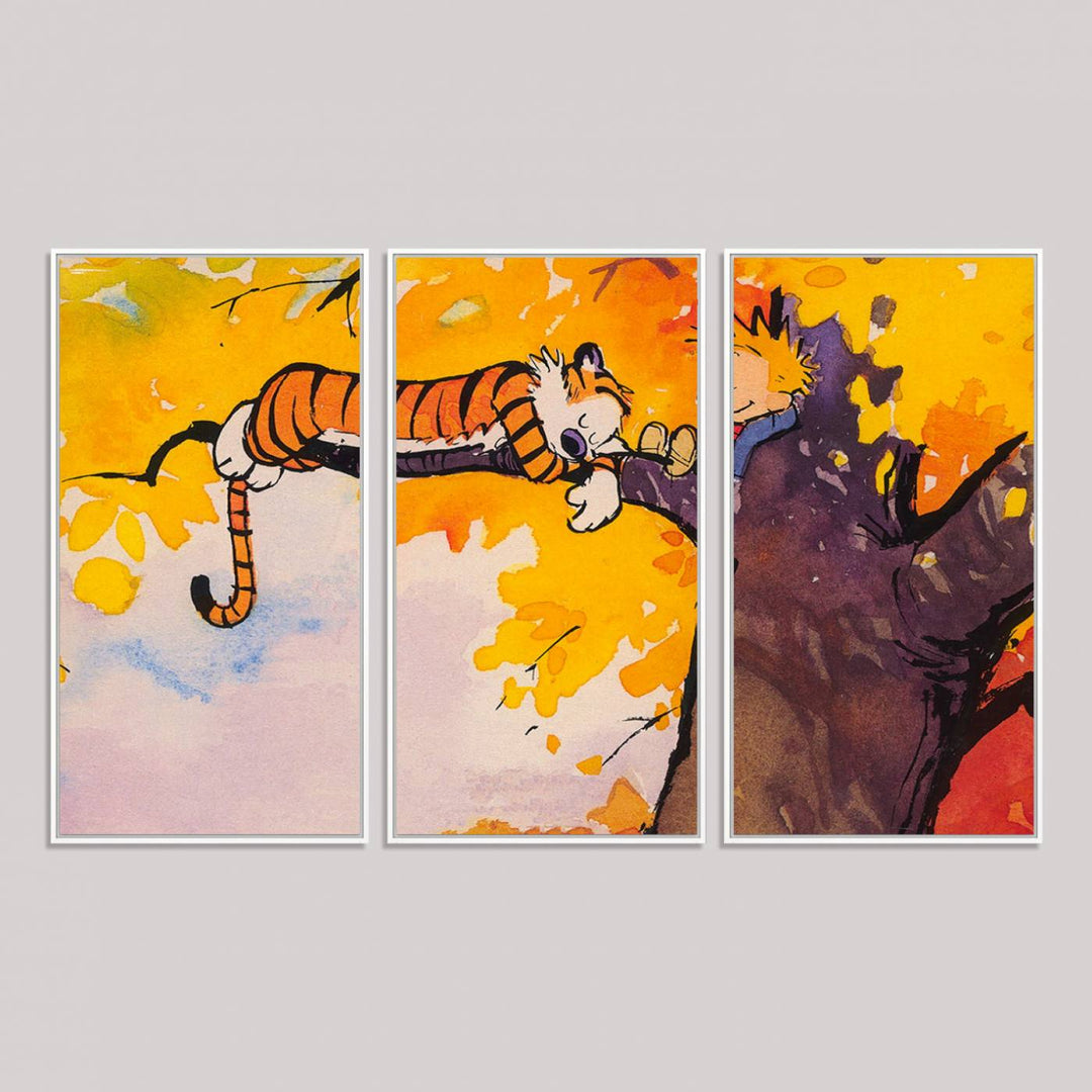 Premium canvas Calvin Wall Arts featuring a boy and tiger relaxing on a branch.