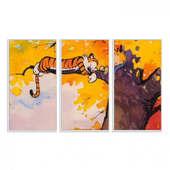 A wall art featuring a boy and a tiger amidst autumn leaves, reminiscent of the Calvin and Hobbes Tree Scene Canvas Print, ideal for creating a playful atmosphere.