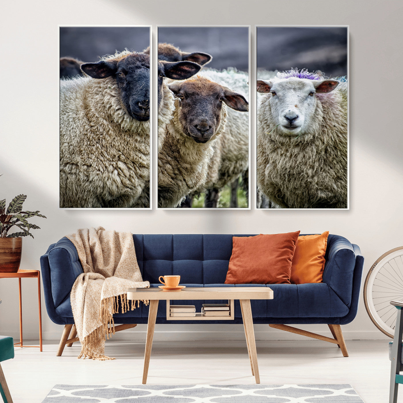 18418-MGV-FC-48X32-3P_White-Charming Sheep Portrait Wall Art – Trio of Woolly Companions Canvas Print, Framed, Ready to Hang