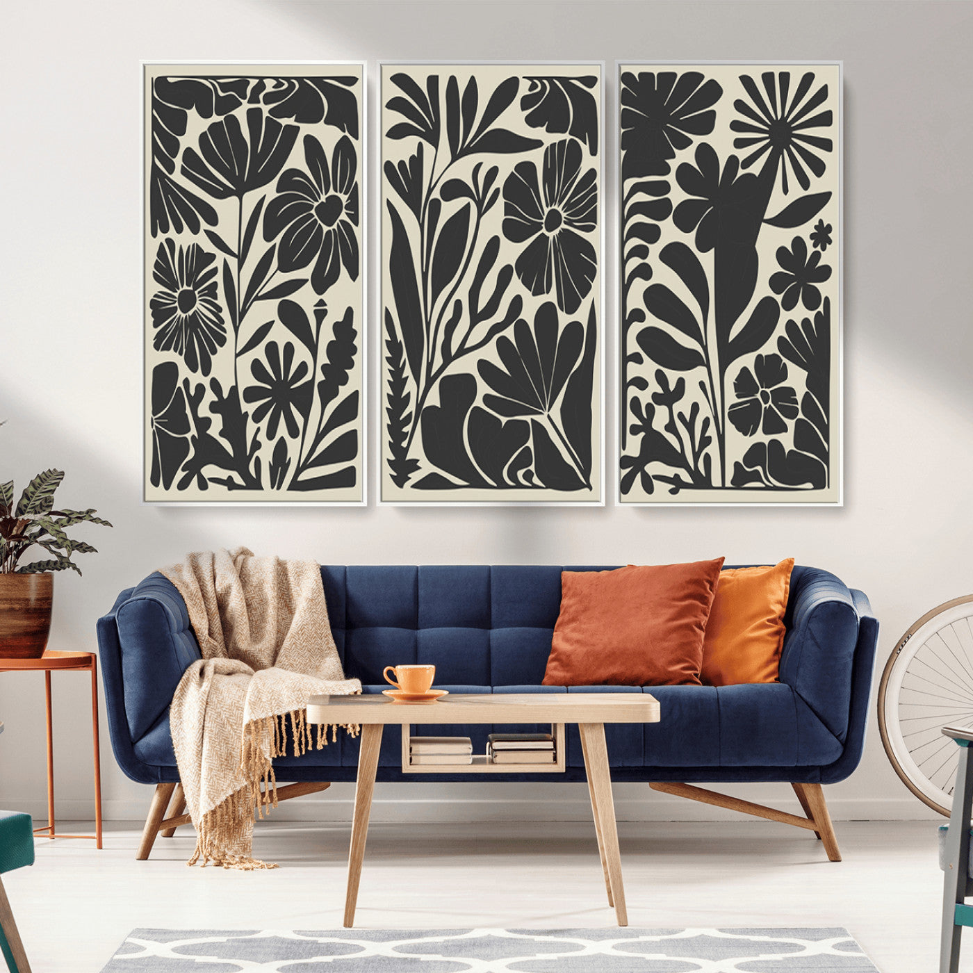 MGV-FC-48X32-3P - Modern Botanical Wall Art - Floral Black and White Canvas Print, Framed, Ready to Hang