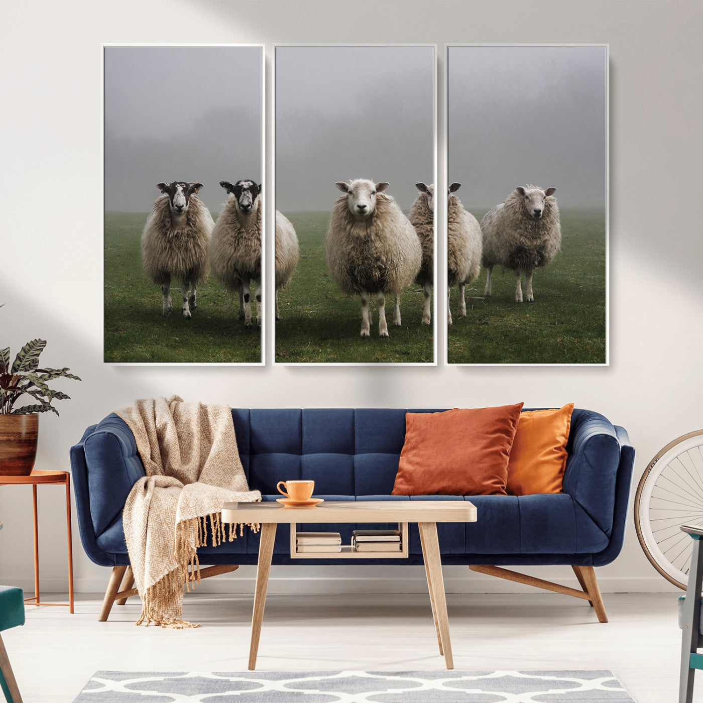 -Flock of Sheep in a Mystical Fog – Pastoral Wall Art Canvas Print, Framed, Ready to Hang