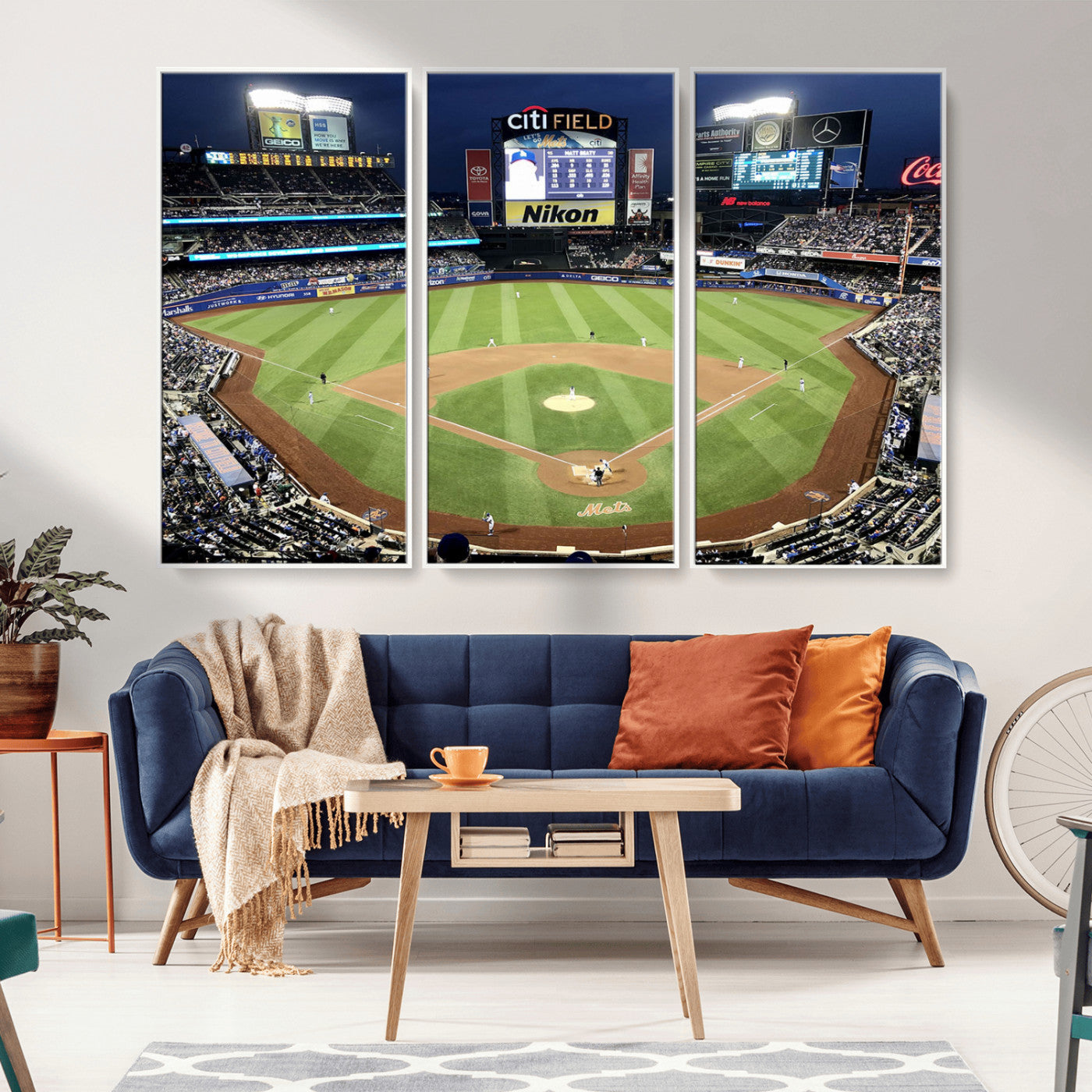 MGV-FC-48X32-3P - Citi Field Wall Art Print | 3-Panel New York Mets Baseball Stadium Canvas Print | Framed Sports Decor for Living Room, Man Cave, or Office Decor