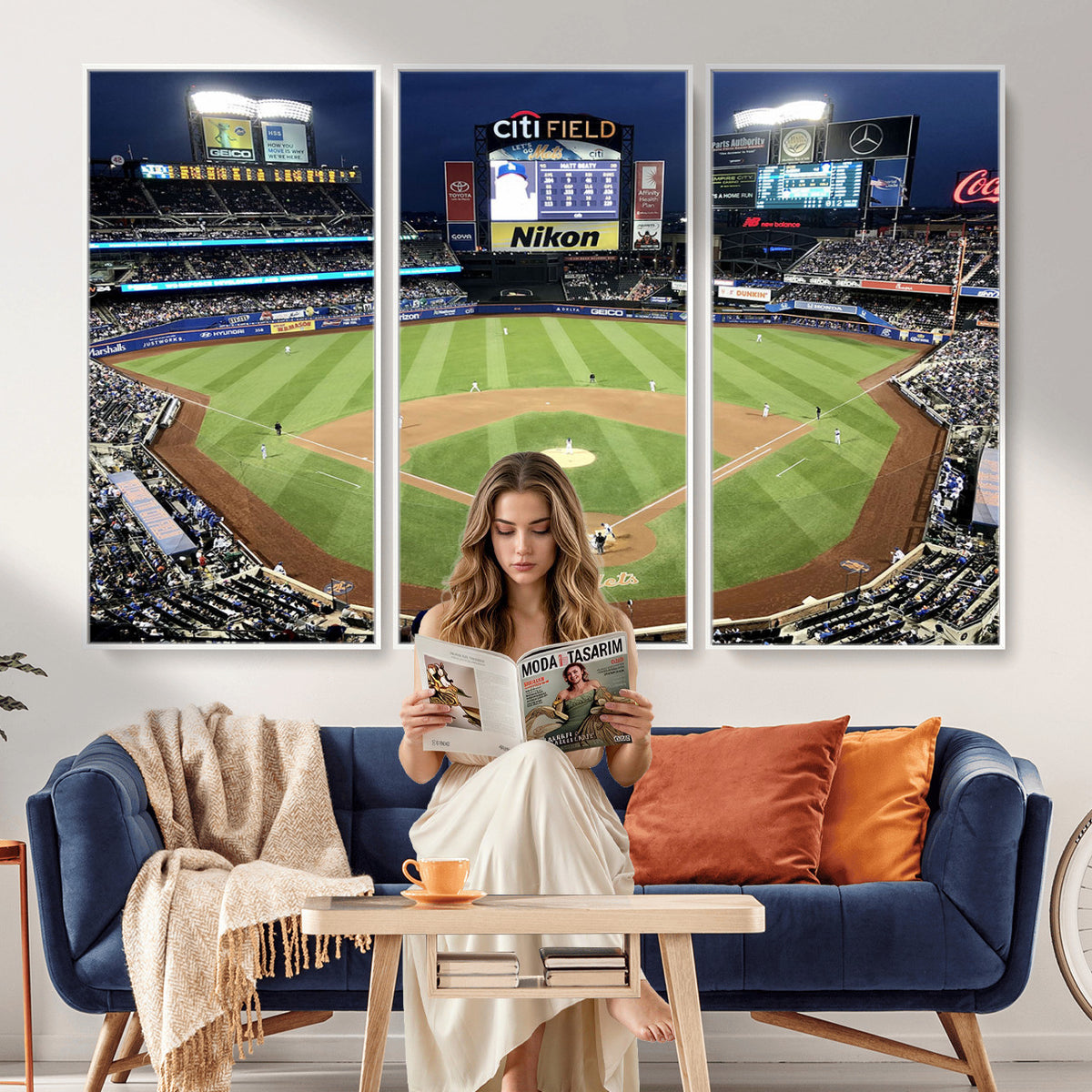 87666-MGV-CV-36X24 - Citi Field Wall Art Print | 3-Panel New York Mets Baseball Stadium Canvas Print | Framed Sports