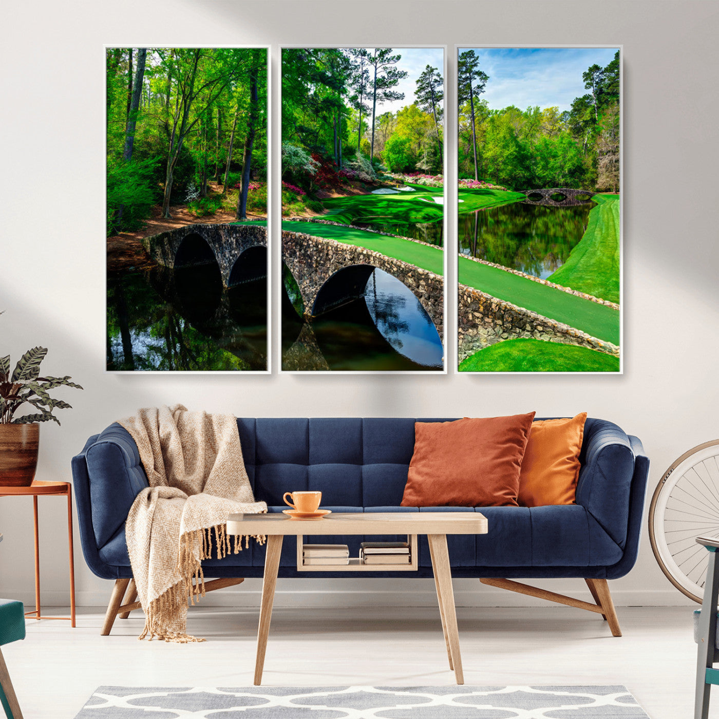 MGV-FC-48X32-3P - Augusta National Golf Club Wall Art - Panoramic Bridge & Lush Greenery – Premium Framed, Ready-to-Hang Triptych Canvas