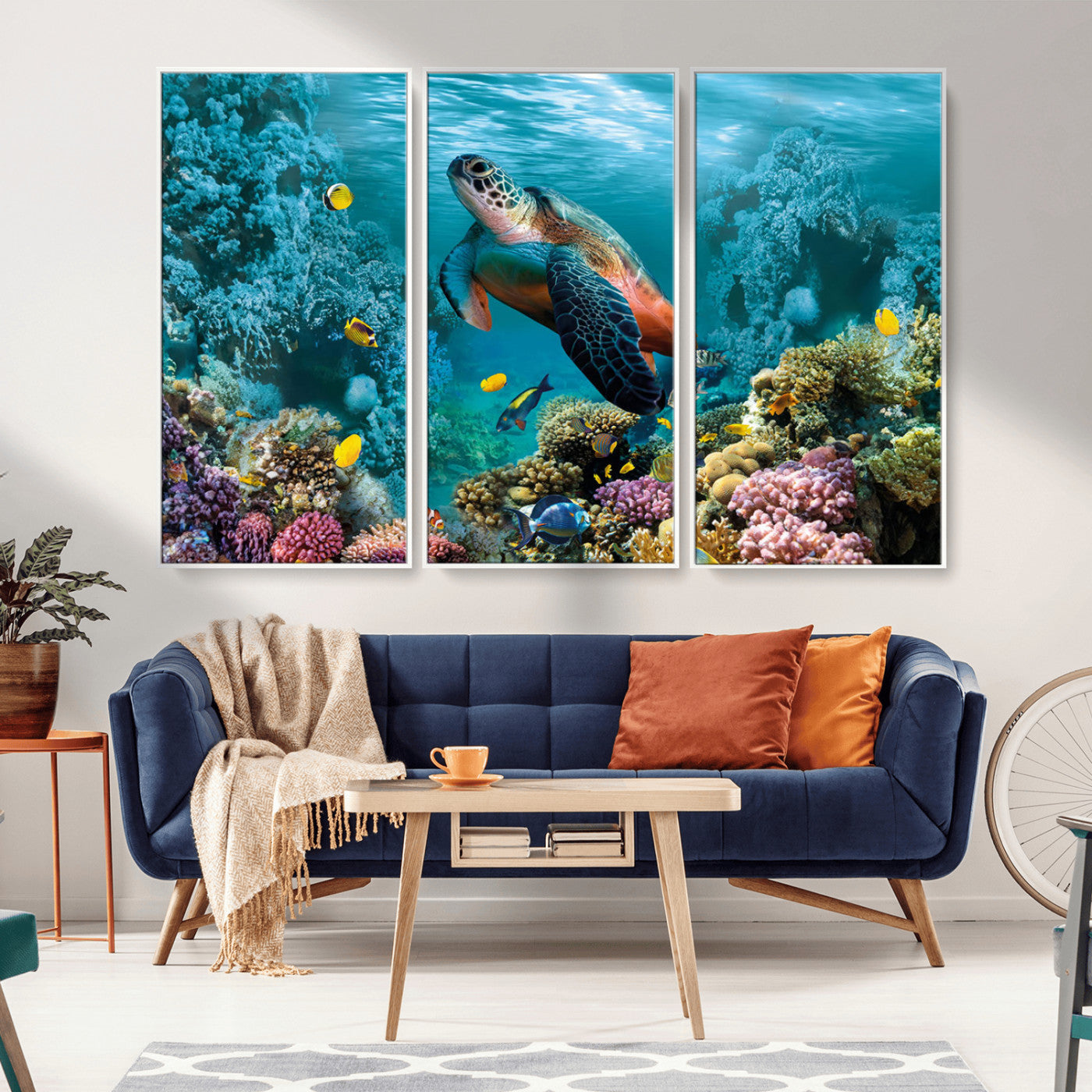 MGV-FC-48X32-3P - Sea Turtle and Coral Reef Triptych Wall Art – Vibrant Underwater Scene Canvas Set for Ocean Lovers and Coastal Decor – Ready to Hang 3-Panel Artwork