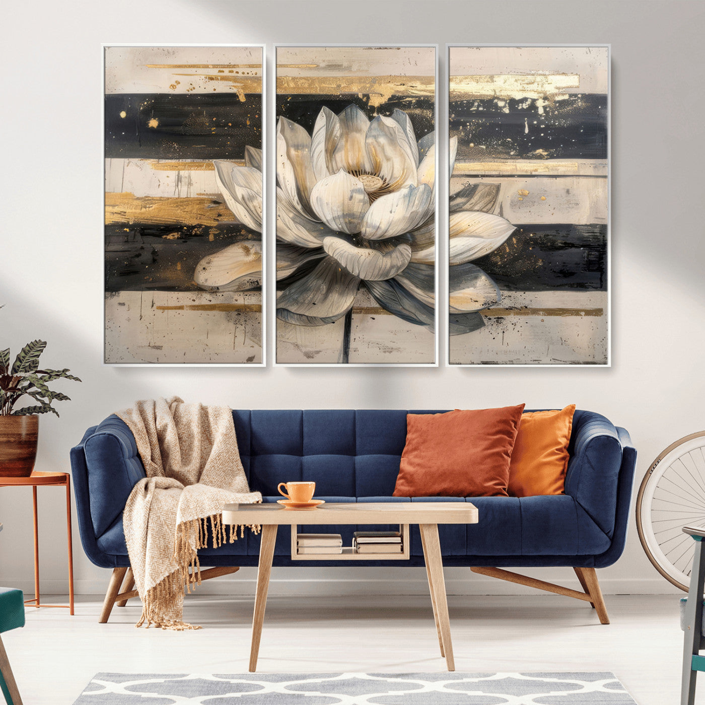 MGV-FC-48X32-3P - Lotus Flower Wall Art Canvas Print, Framed Abstract Lotus Art Picture Print, White Lotus Flower Perfect Abstract Floral Decor Artwork
