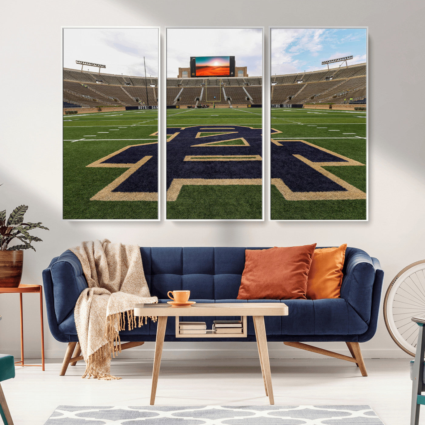 MGV-FC-48X32-3P - Notre Dame Stadium Giclee Canvas Print | Triptych Wall Art Featuring Iconic Notre Dame Football Field | Ready-to-Hang Sports Stadium Decor
