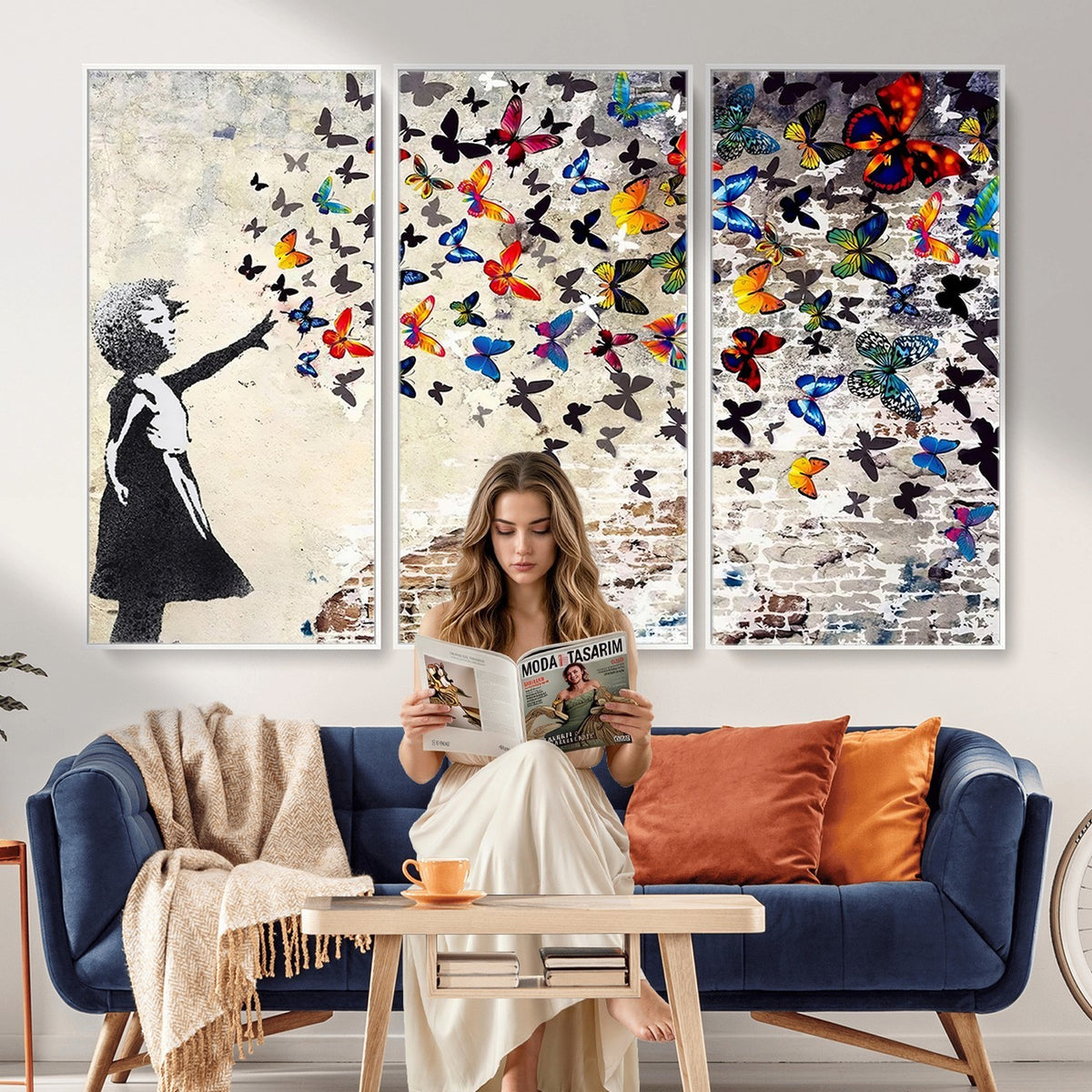 97895-MGV-CV-24X16 - Banksy Graffiti Wall Art Canvas Print, Girl Releasing Vibrant Butterflies