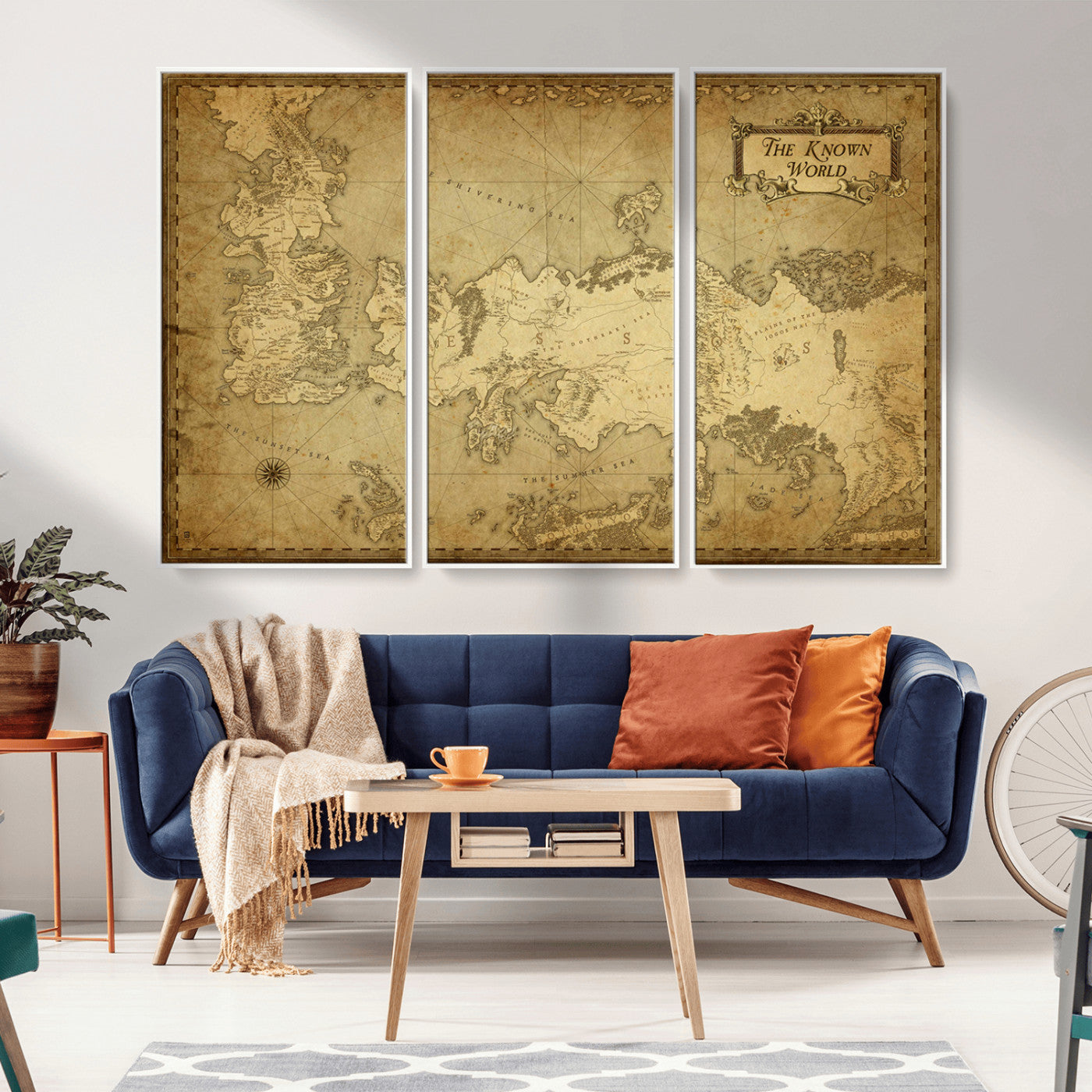 MGV-FC-48X32-3P - Vintage Game of Thrones Map Wall Art | Westeros and Essos Antique Style Print | The Known World in Triptych Canvas | Giclee Canvas for Fantasy Lovers