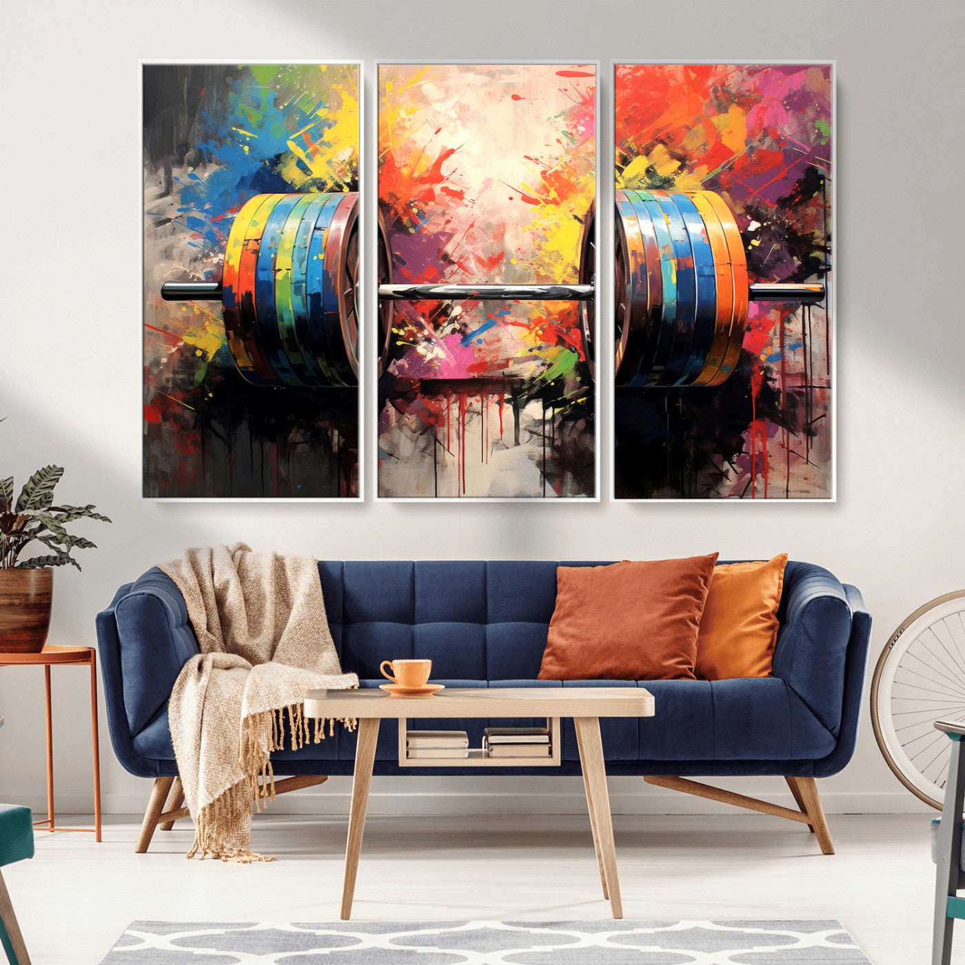 MGV-FC-48X32-3P - Weightlifting Barbell Art Triptych, Bold Abstract Fitness Wall Decor for Gym or Home, Giclee Canvas Print