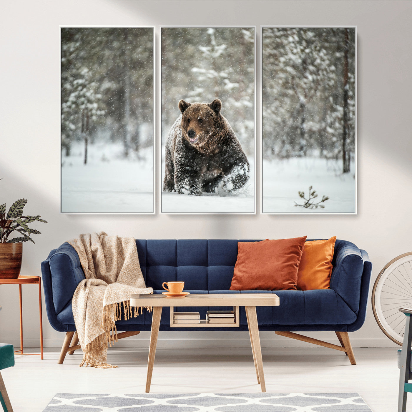 A majestic brown bear moves through a snowy forest landscape, surrounded by falling snowflakes, capturing the essence of wildlife in winter.