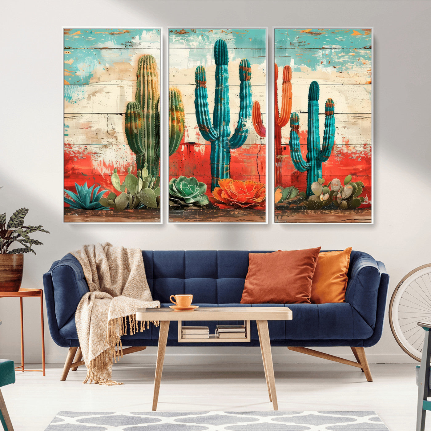 A vivid southwestern-style artwork featuring an eclectic mix of cacti and succulents painted against a textured, rustic wood backdrop in rich turquoise, red, and orange hues.