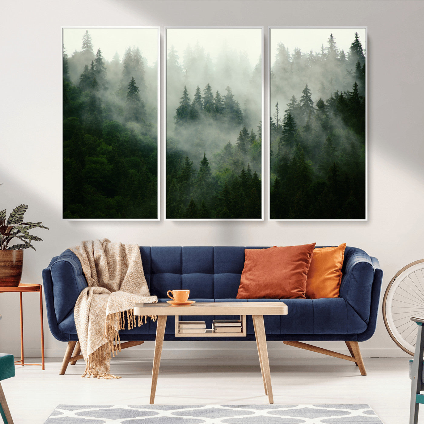 MGV-FC-48X32-3P - Misty Forest Mountain Wall Art Canvas  | Large 3-Panel Foggy Landscape Canvas Print | Nature Misty