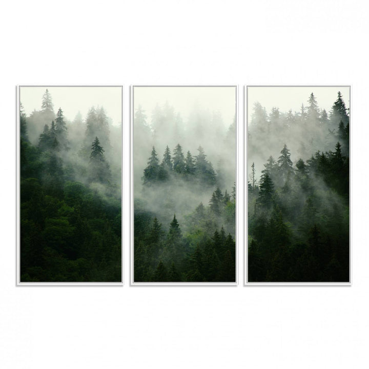 Misty Forest Mountain Wall Art | Large 3-Panel Foggy Landscape Canvas Print | Misty Forest Canvas Art | Nature Wall Art for Home | Mountain Fog Print