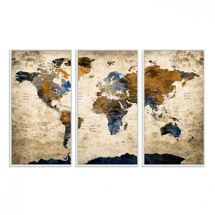 A Vintage World Map Canvas featuring brown, blue, and white on a textured background. Ideal for wall art in living rooms or offices.