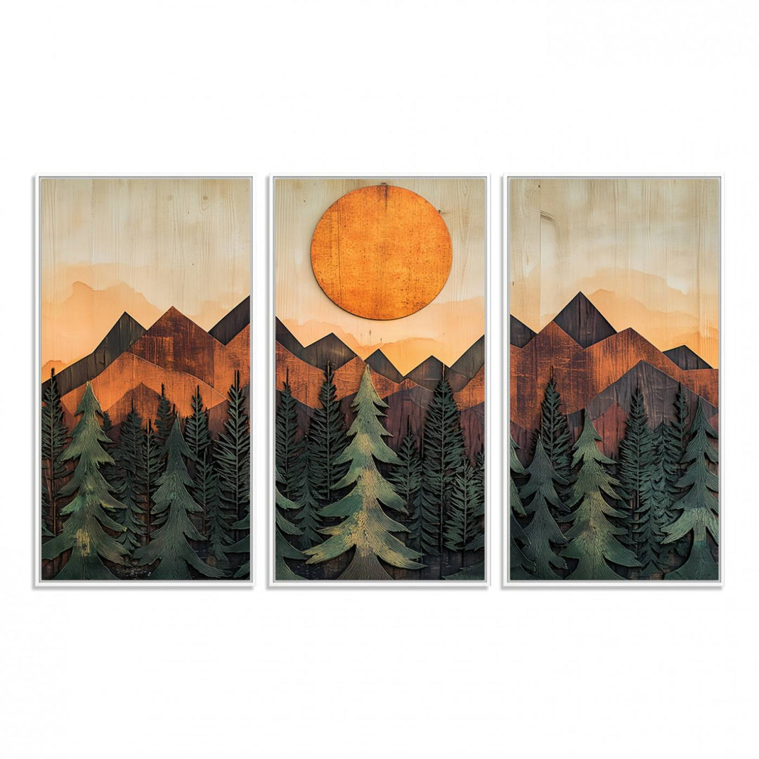 Sunset Mountain Landscape canvas wall art print featuring forest and wooden textures in green, brown, and orange.