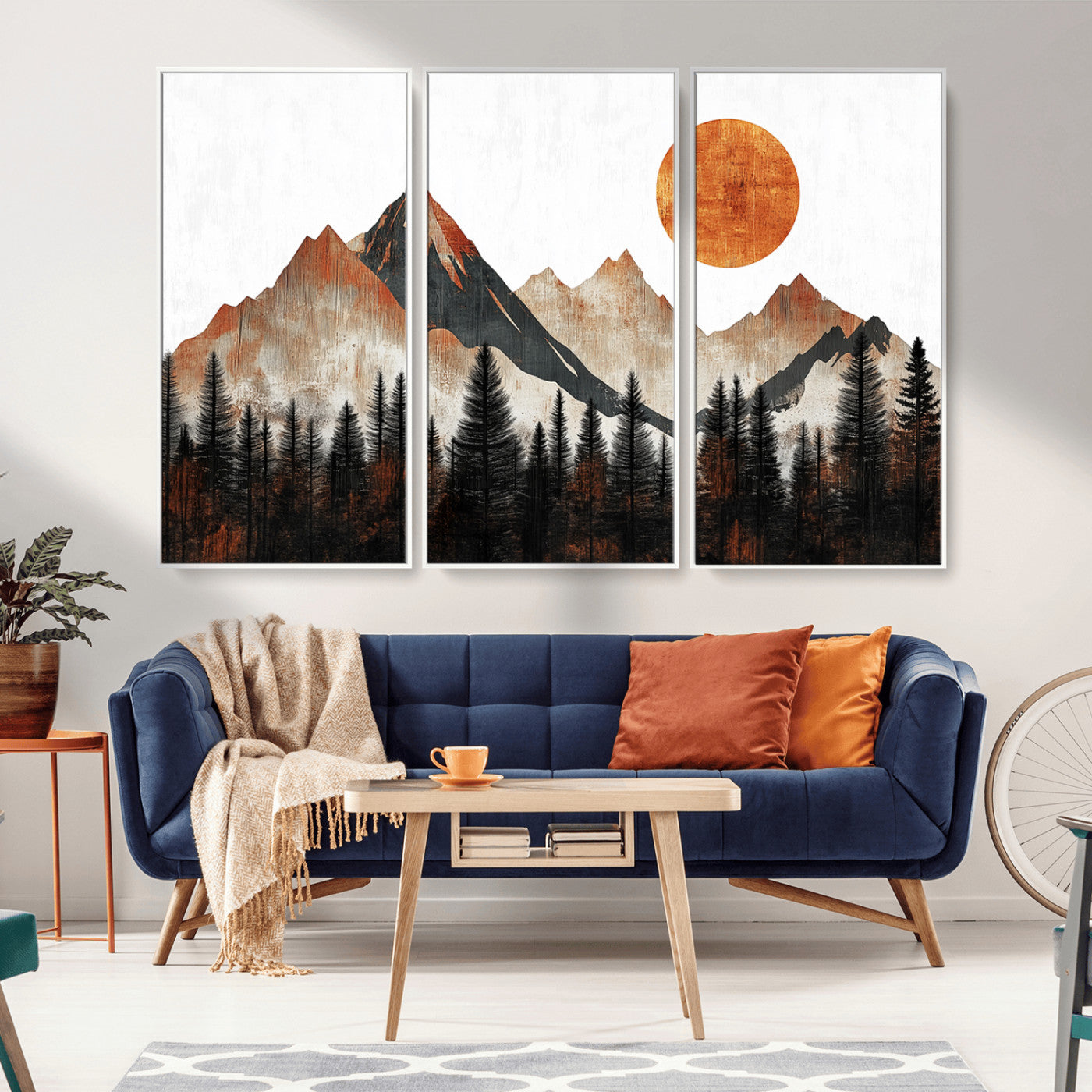 MGV-FC-48X32-3P - Modern Abstract Mountain Canvas Wall Art Print, Abstract Landscape Print, Rustic Sun and Mountains