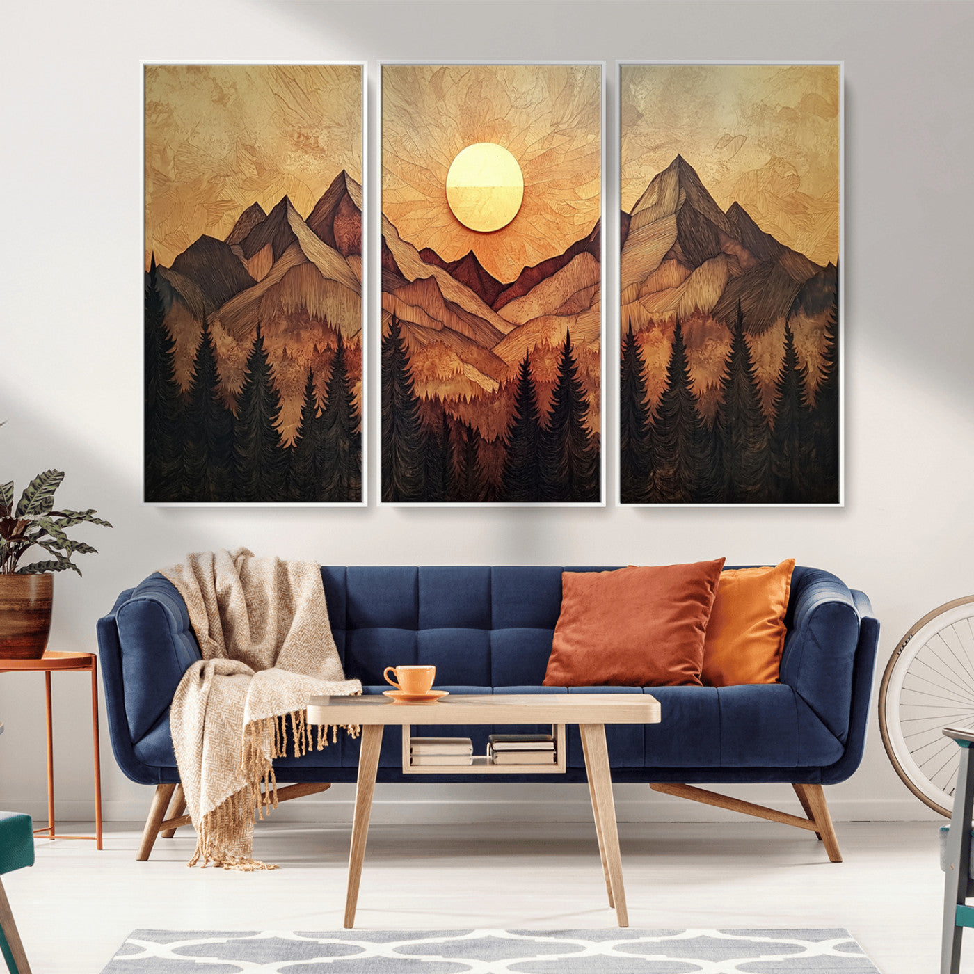MGV-FC-48X32-3P - Wood Style Abstract Mountain Sunset Canvas Wall Art Print - Warm Earth Nature-Inspired Decor for
