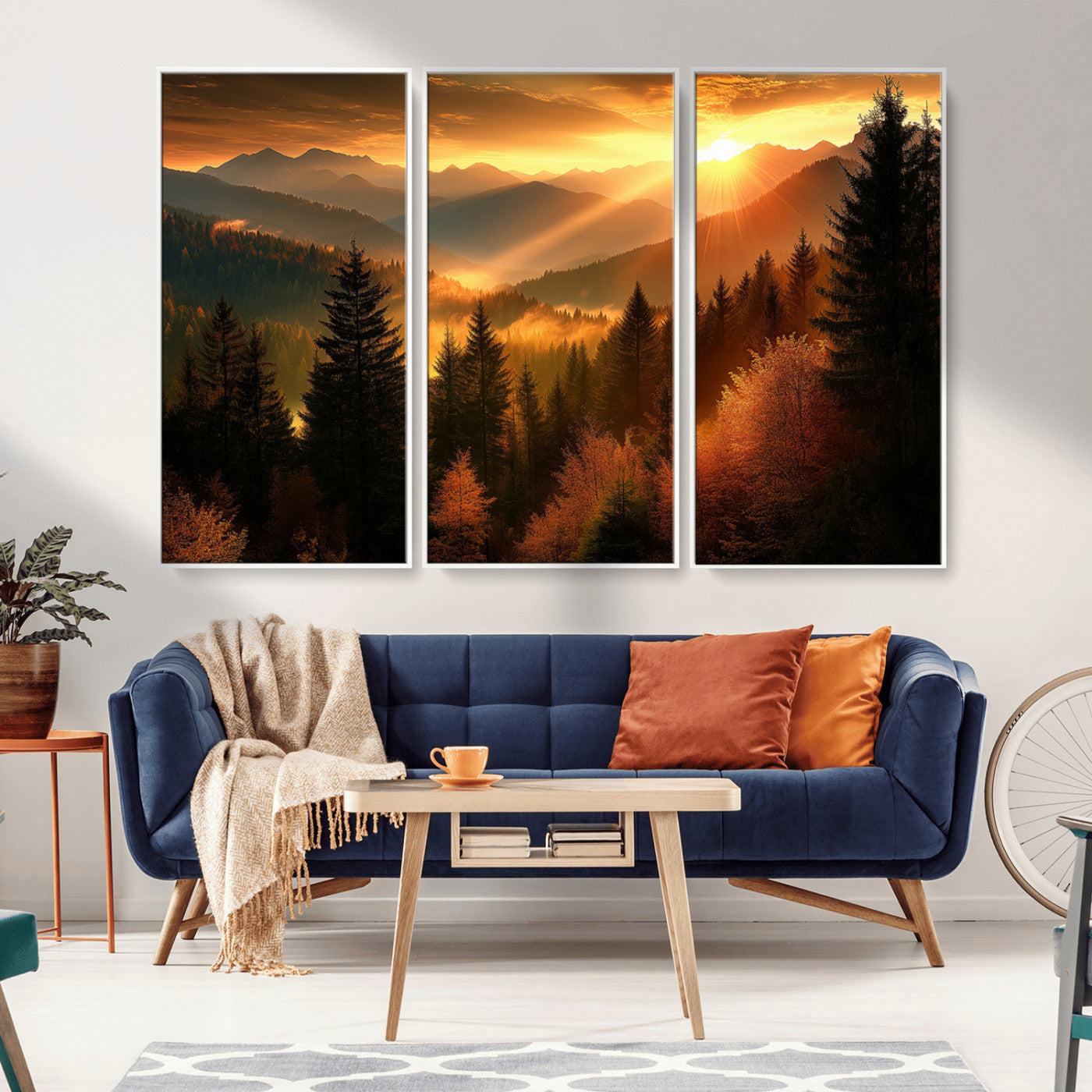 MGV-FC-48X32-3P - Golden Sunset Over Mountain Forest Canvas Wall Art Print - Warm Nature Landscape Print