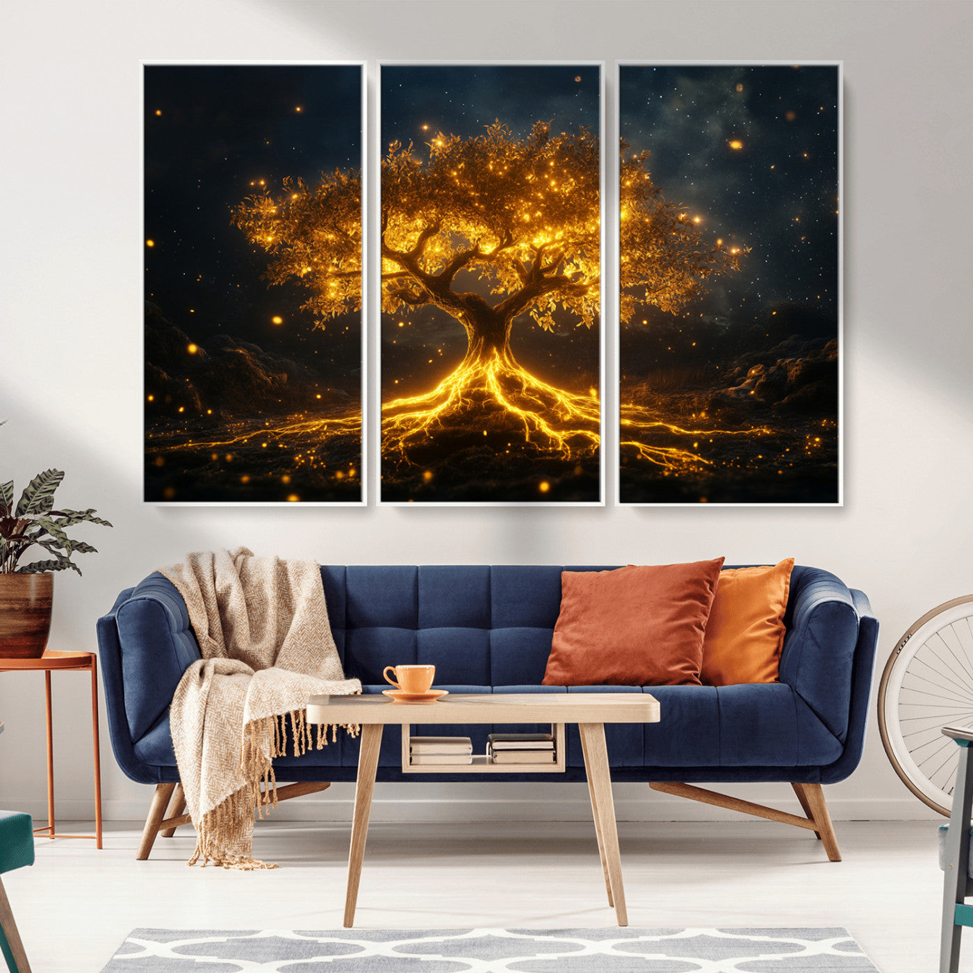 MGV-FC-48X32-3P - Golden Tree of Life Canvas Wall Art Print - Majestic Glowing Tree Design for Living Room, Office, or