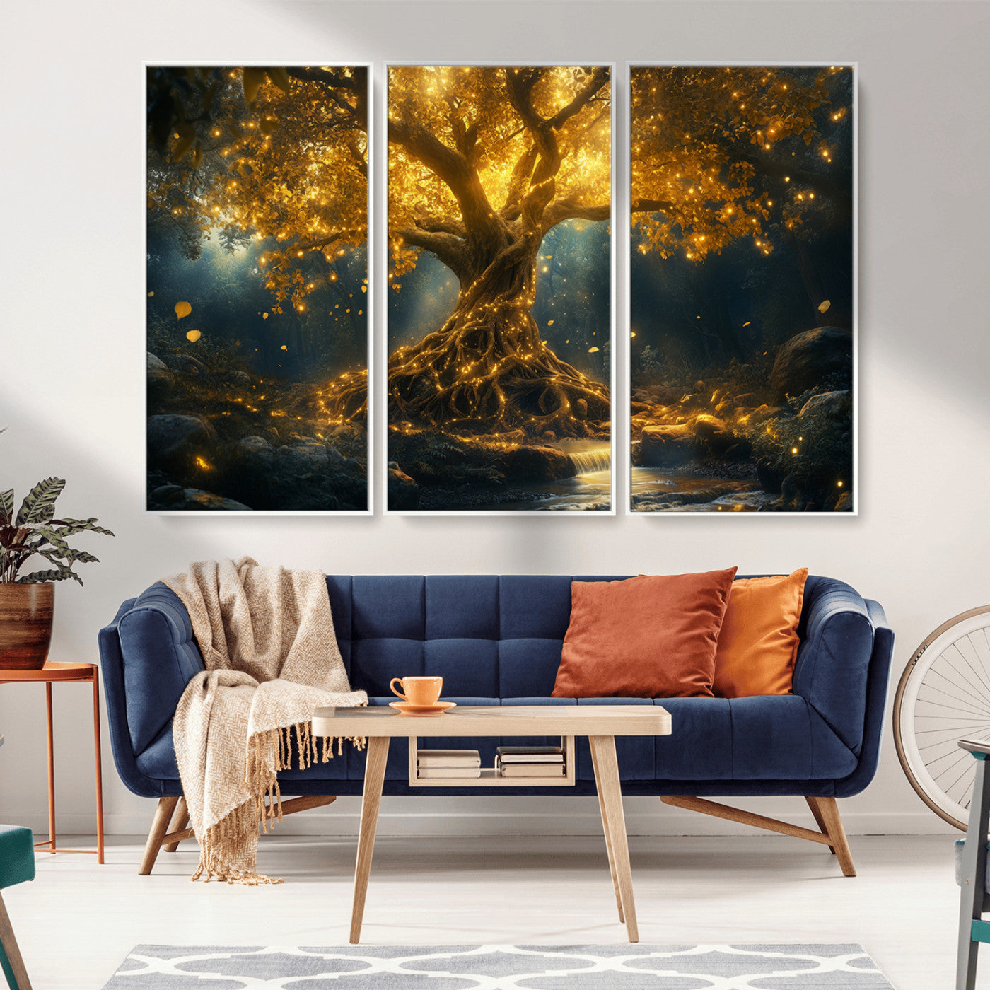 MGV-FC-48X32-3P - Golden Tree of Life Canvas Wall Art Print - Majestic Glowing Tree Wall Art Print