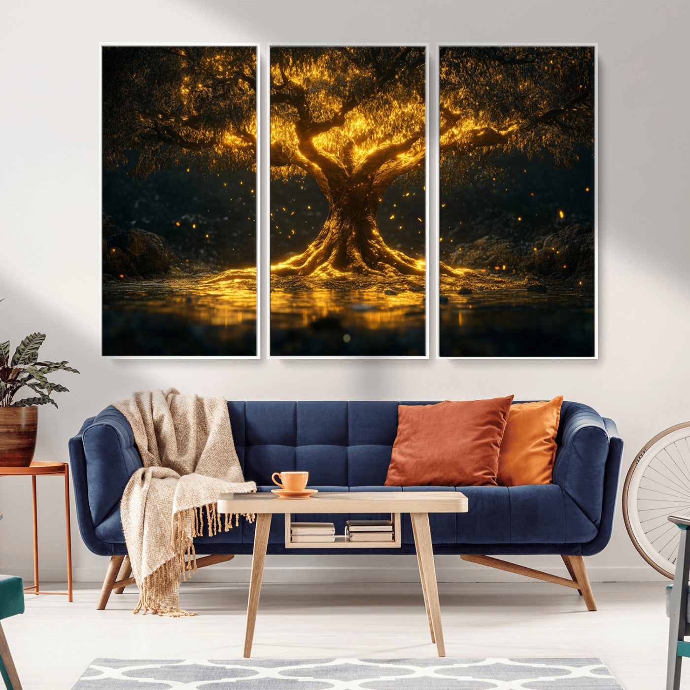 MGV-FC-48X32-3P - Golden Tree of Life Canvas Wall Art Print - Majestic Glowing Tree Wall Art Print