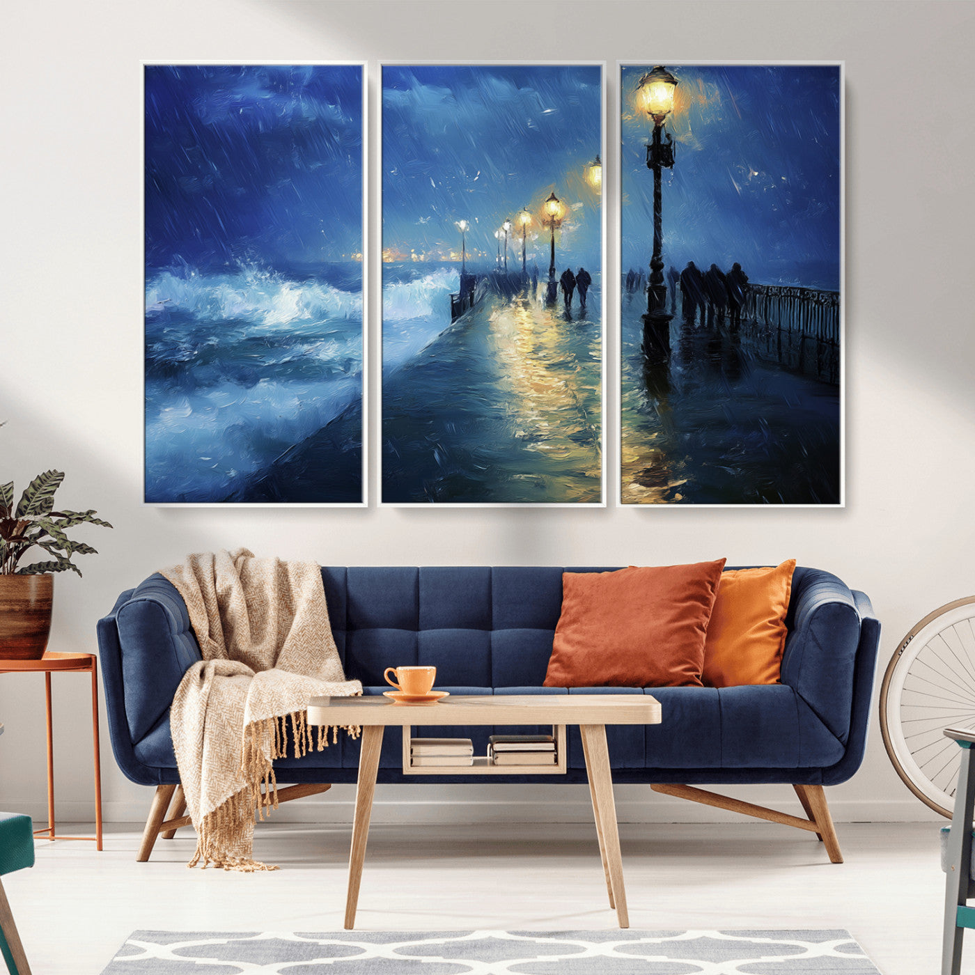 MGV-FC-48X32-3P - Abstract Stormy Ocean Pier Canvas Wall Art Print | Stormy Ocean Art | Large Moody Night Scene Print,