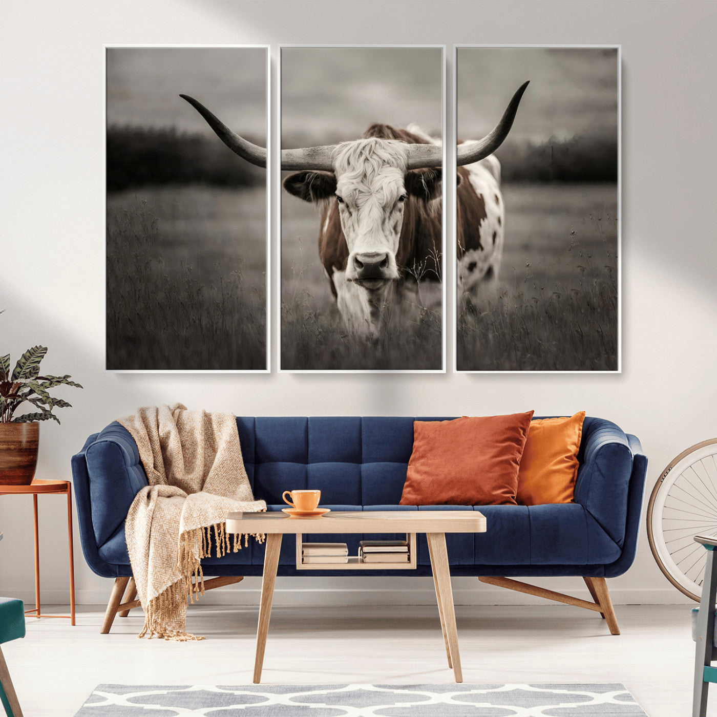 MGV-FC-48X32-3P - Texas Longhorn Cow Canvas Wall Art Print - Large Rustic Longhorn Art for Living Room, Western Wall