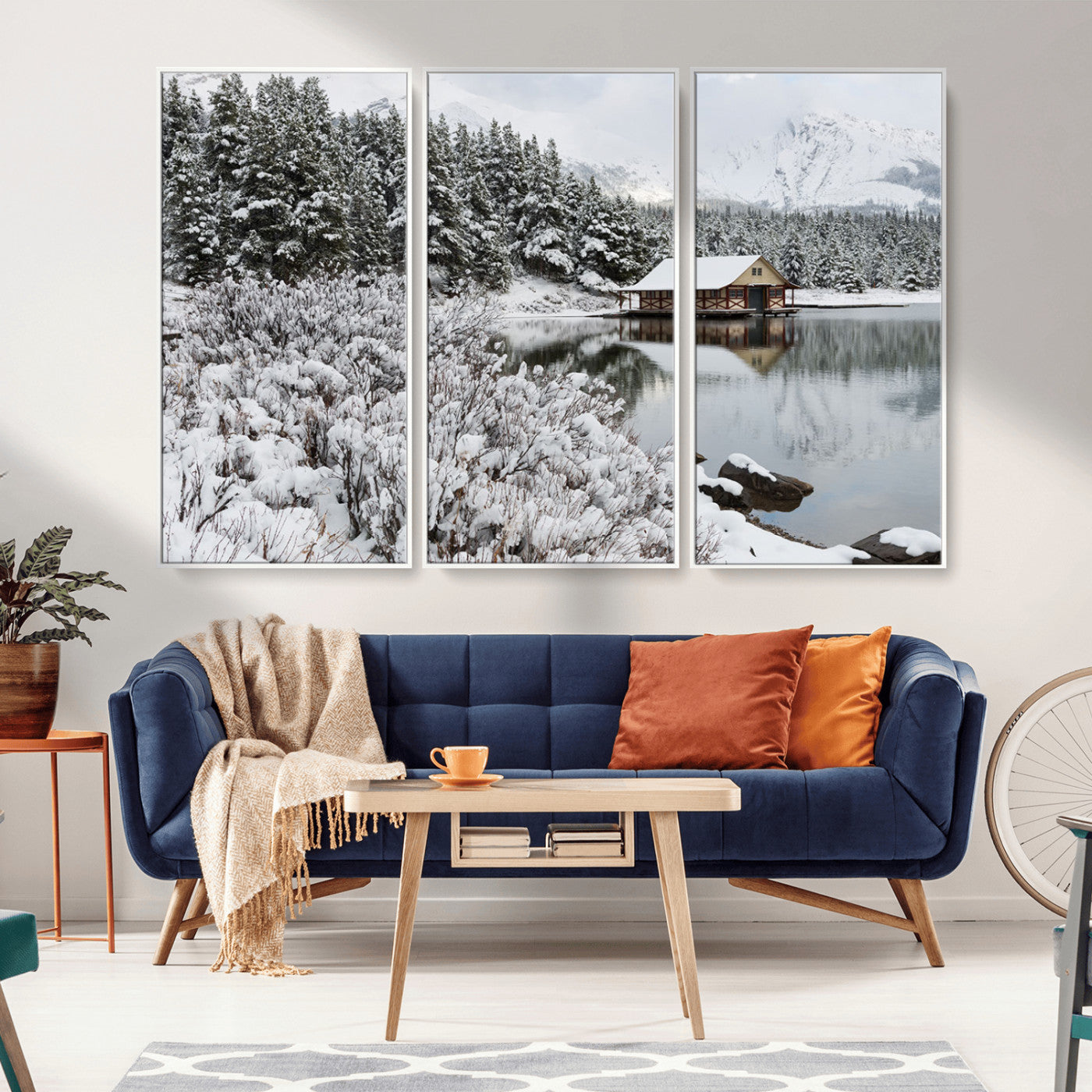 MGV-FC-48X32-3P - Winter Wall Art - Cabin by the Lake Canvas Wall Art - Serene Snowy Landscape with Mountain View,