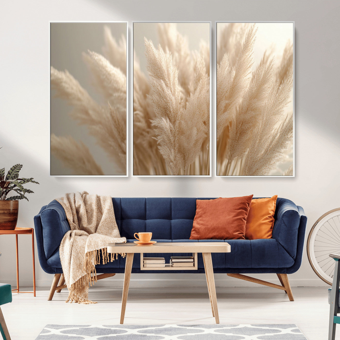 MGV-FC-48X32-3P - Pampas Grass Canvas Wall Art - Elegant Neutral Decor for Living Room, Boho Minimalist Artwork, Ready