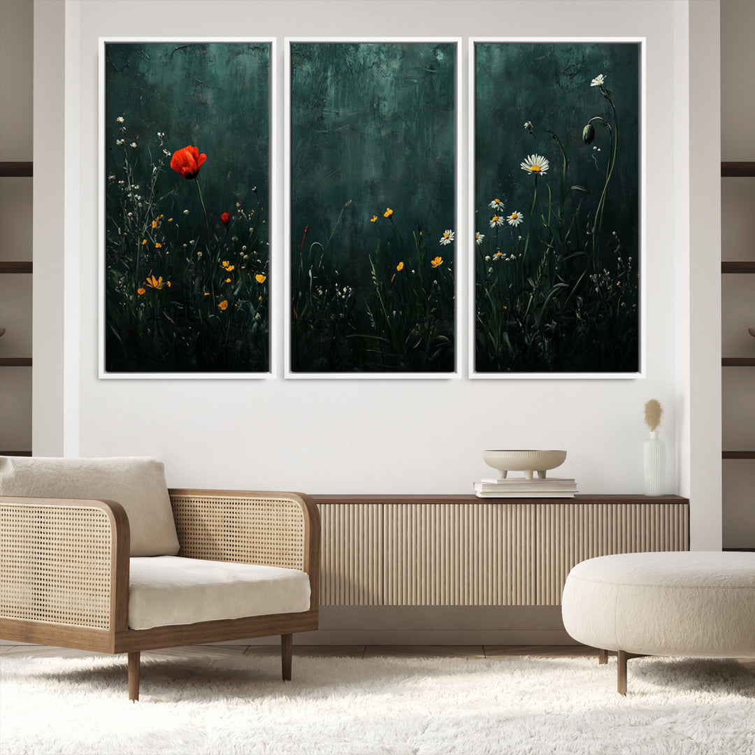 Wildflower Field Framed Wall Art, Vintage Botanical Landscape Sign, Botanical Wall Art, Modern Farmhouse Canvas Art, Field Of Flowers Canvas Print