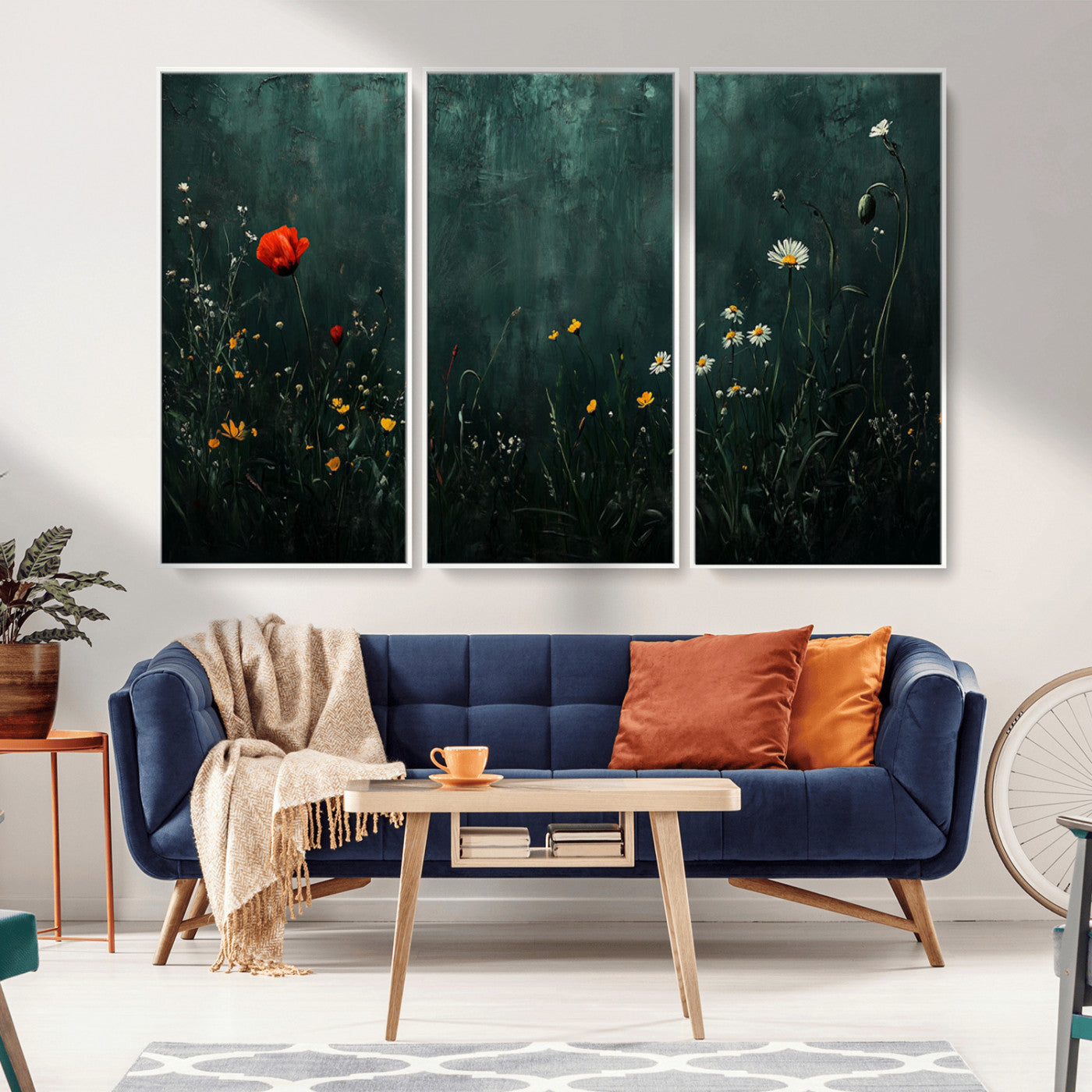 MGV-FC-48X32-3P - Wildflower Field Framed Wall Art, Vintage Botanical Landscape Sign, Botanical Wall Art, Modern