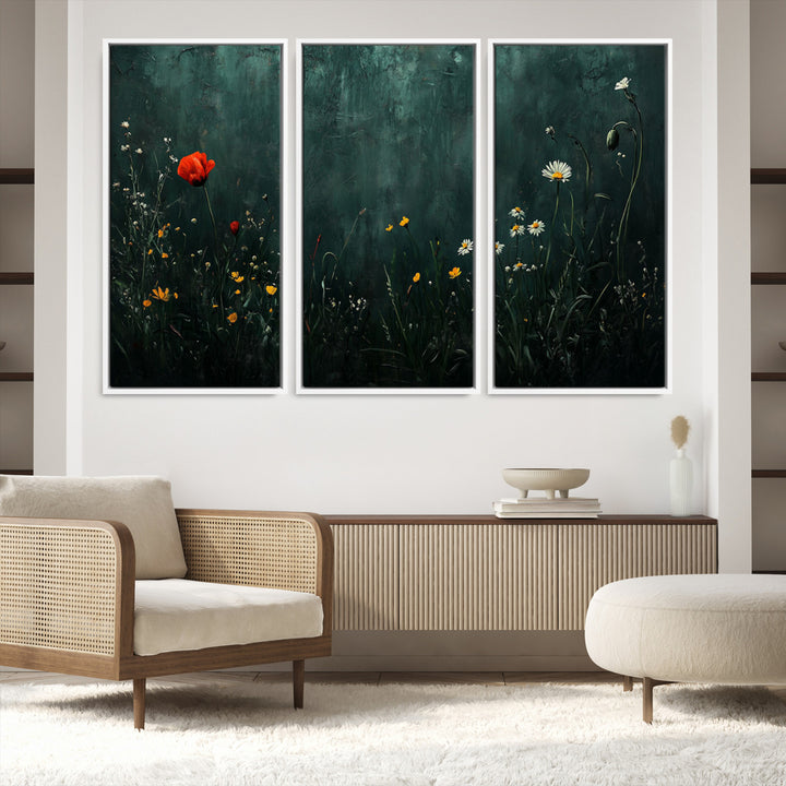 Wildflower Field Framed Wall Art, Vintage Botanical Landscape Sign, Botanical Wall Art, Modern Farmhouse Canvas Art, Field Of Flowers Canvas Print