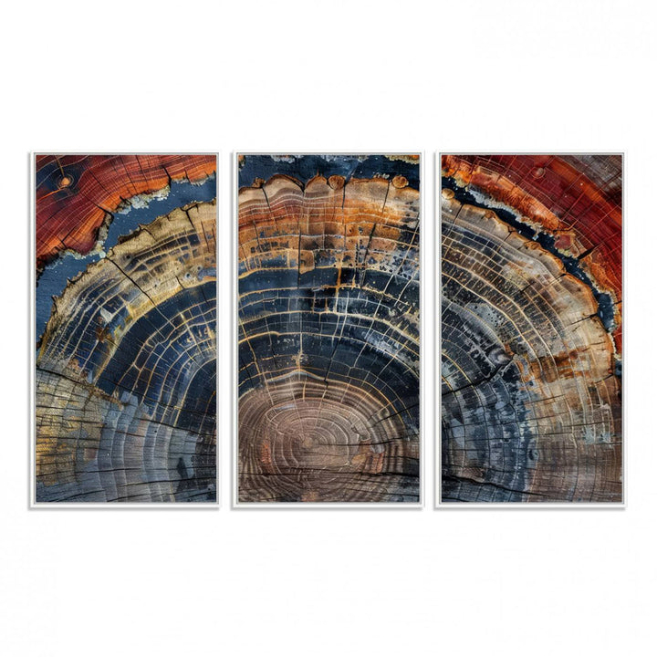 The Abstract Tree Ring Wall Art in orange, blue, and gray perfectly complements minimalist nature-inspired home decor.